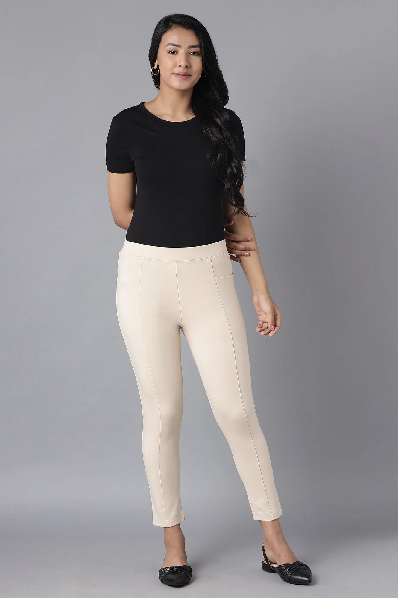 Beige Solid Straight Fit Pants With Elasticated Waist - Image 5
