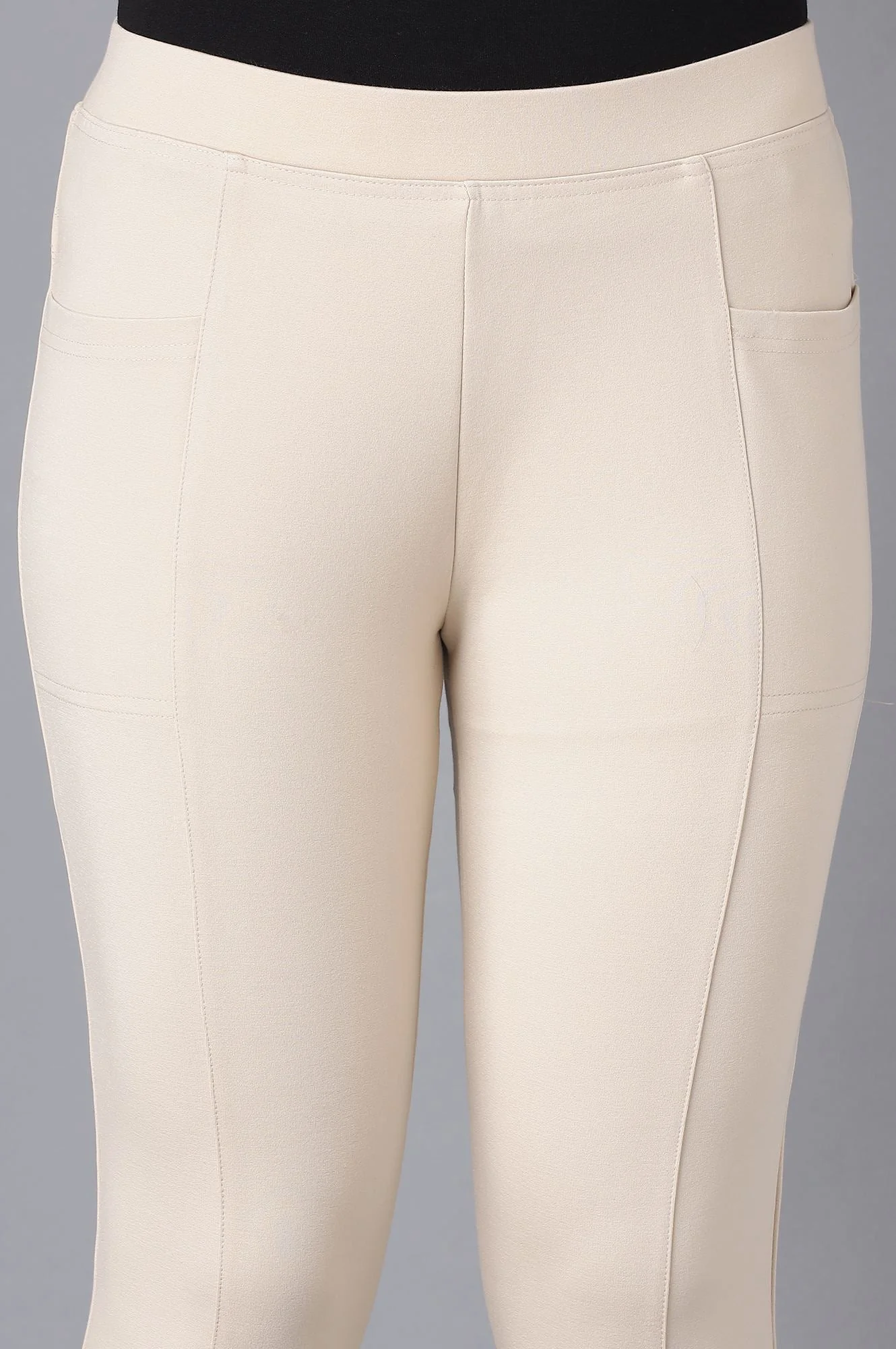 Beige Solid Straight Fit Pants With Elasticated Waist - Image 6