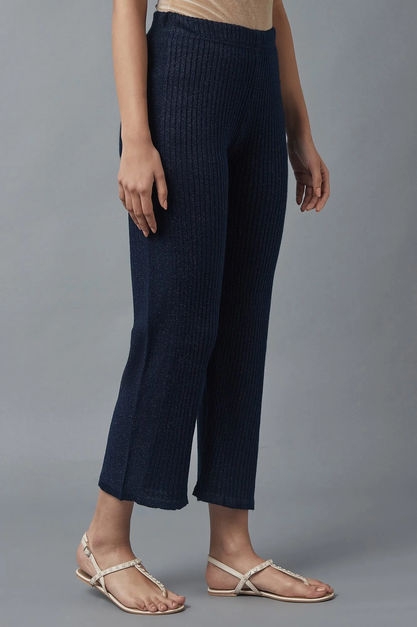 Navy Blue Solid Boot Cut Acrylic Palazzo With Elasticated Waist - Image 4