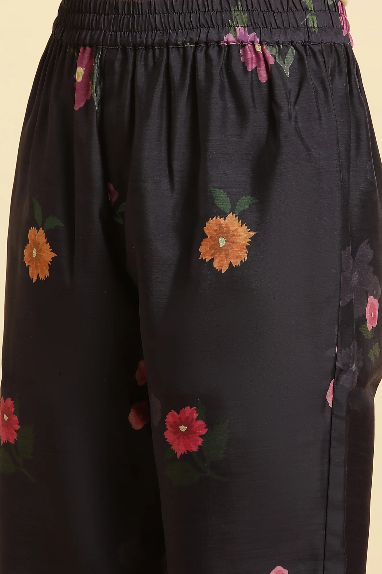 Navy Blue Chanderi Floral Printed Kurta, Pants and Organza Dupatta Set - Image 10