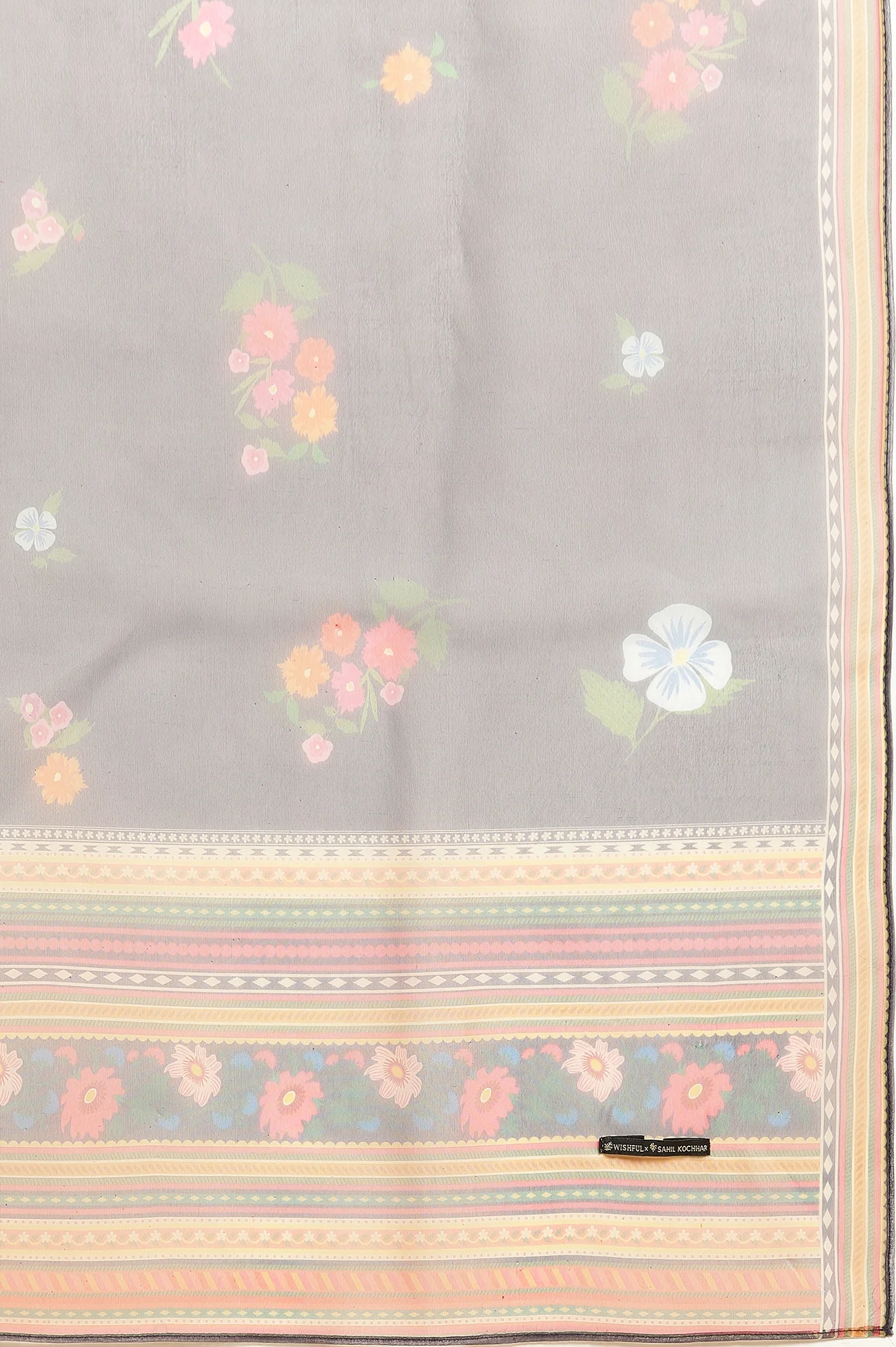 Navy Blue Chanderi Floral Printed Kurta, Pants and Organza Dupatta Set - Image 12