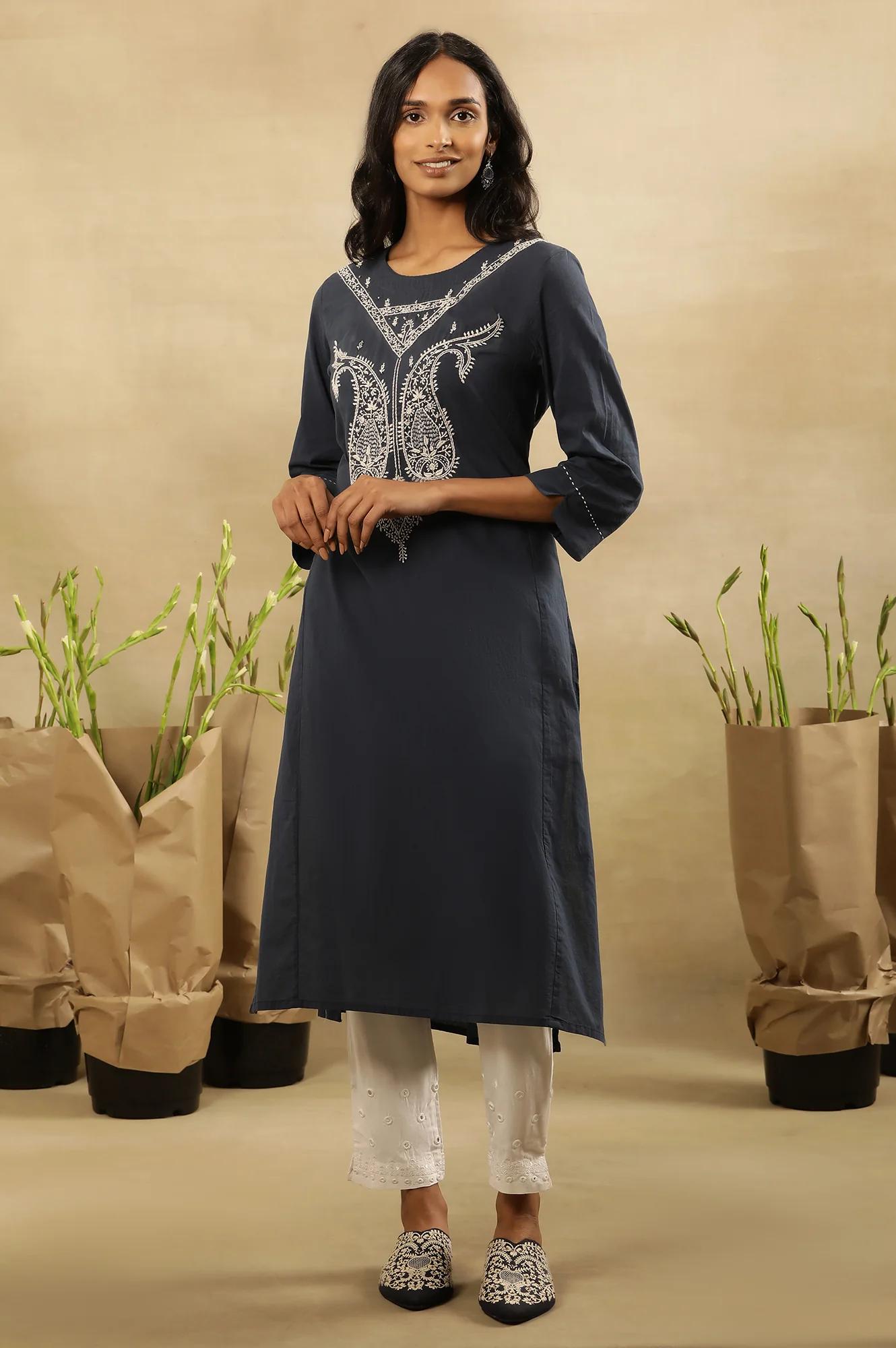 Navy Blue Chikankari Kurta In Cotton Voile - Image 2