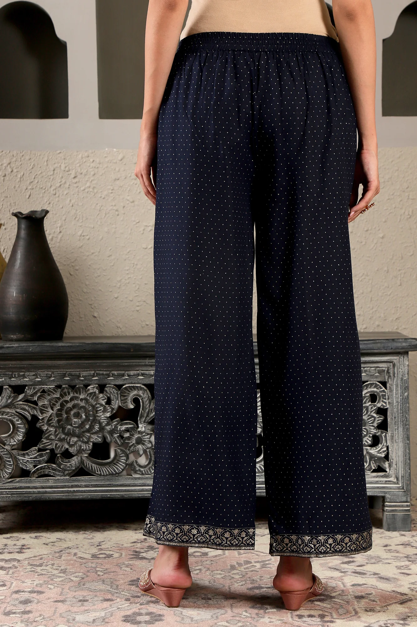 Navy Blue Glitter Printed Rayon Parallel Pants - Image 6