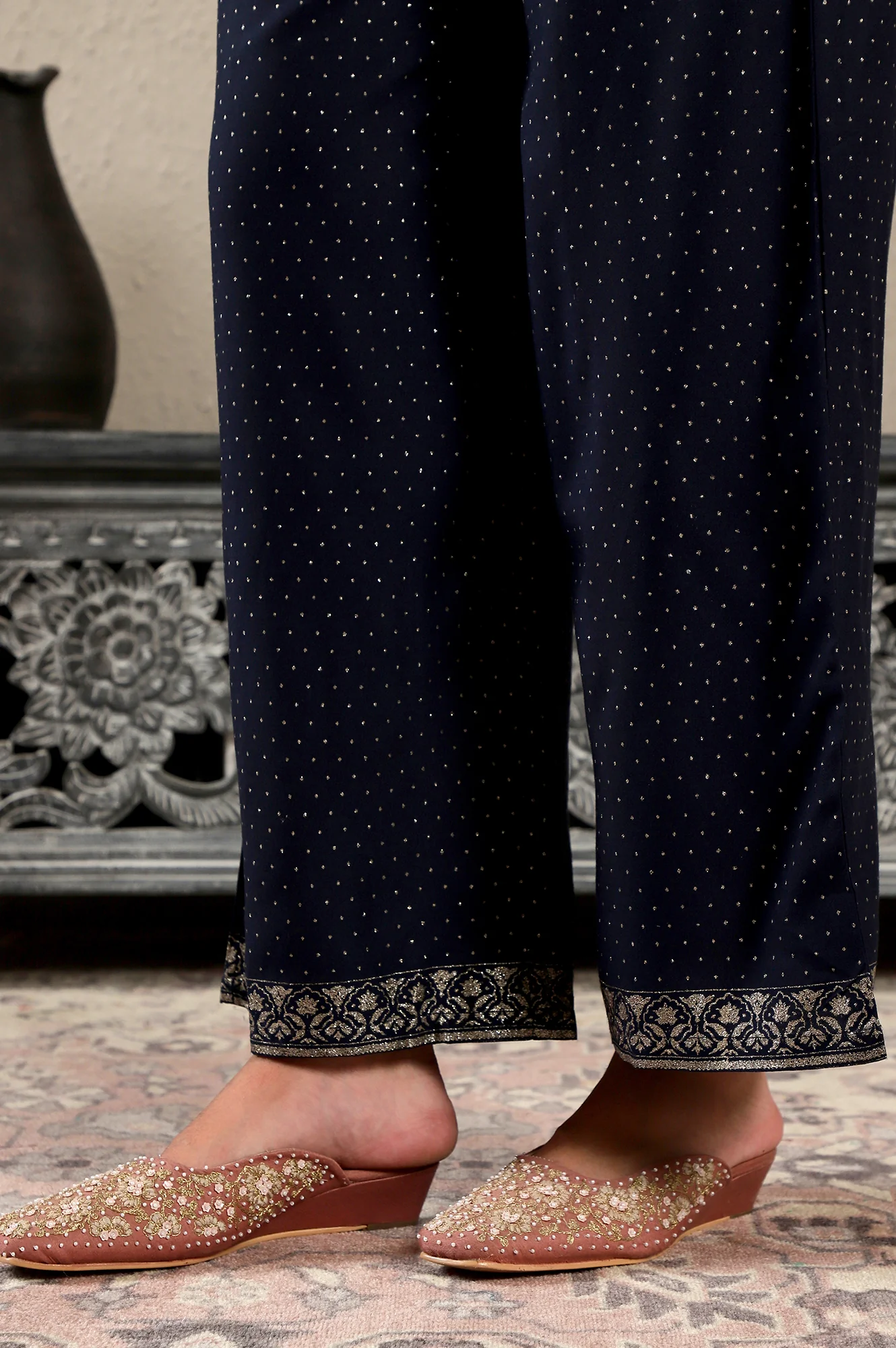 Navy Blue Glitter Printed Rayon Parallel Pants - Image 8