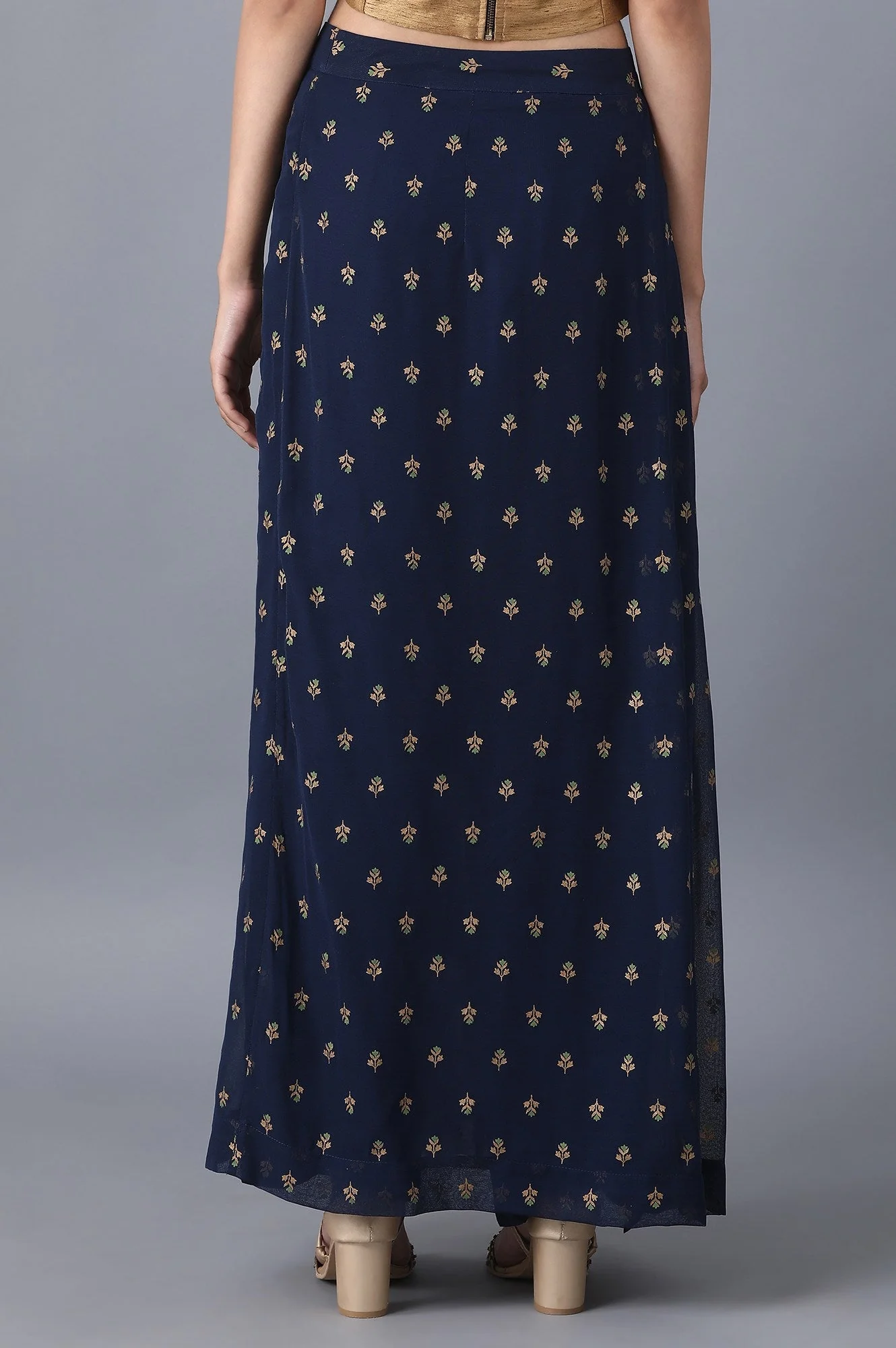 Navy Blue Floral Printed A Line Woven Palazzo With Side Zip - Image 2