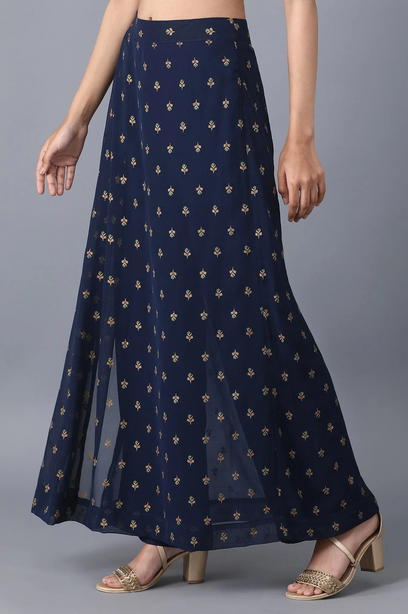 Navy Blue Floral Printed A Line Woven Palazzo With Side Zip - Image 3