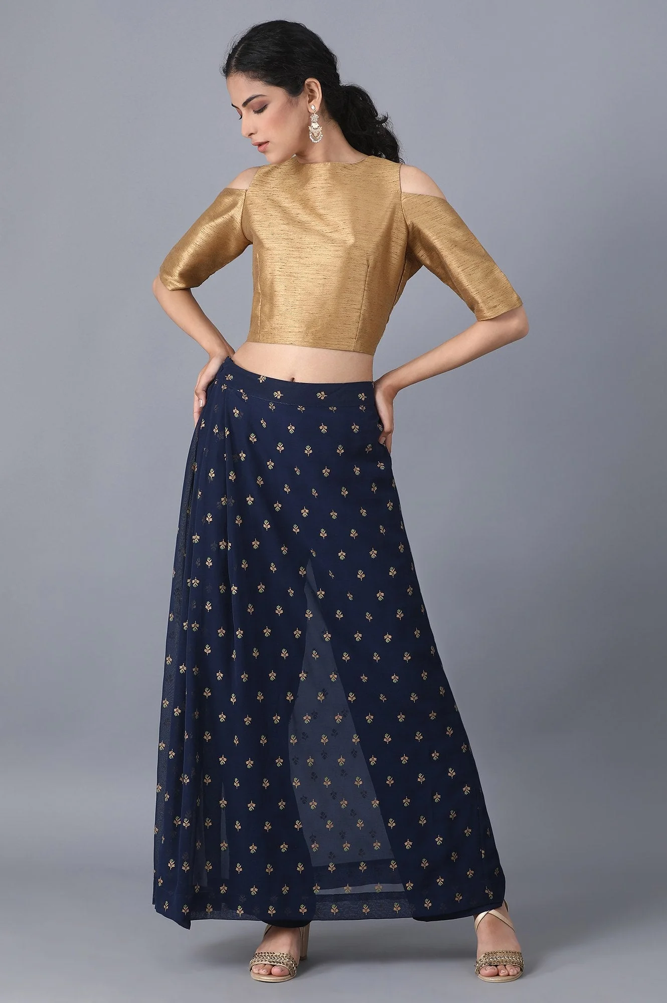 Navy Blue Floral Printed A Line Woven Palazzo With Side Zip - Image 5