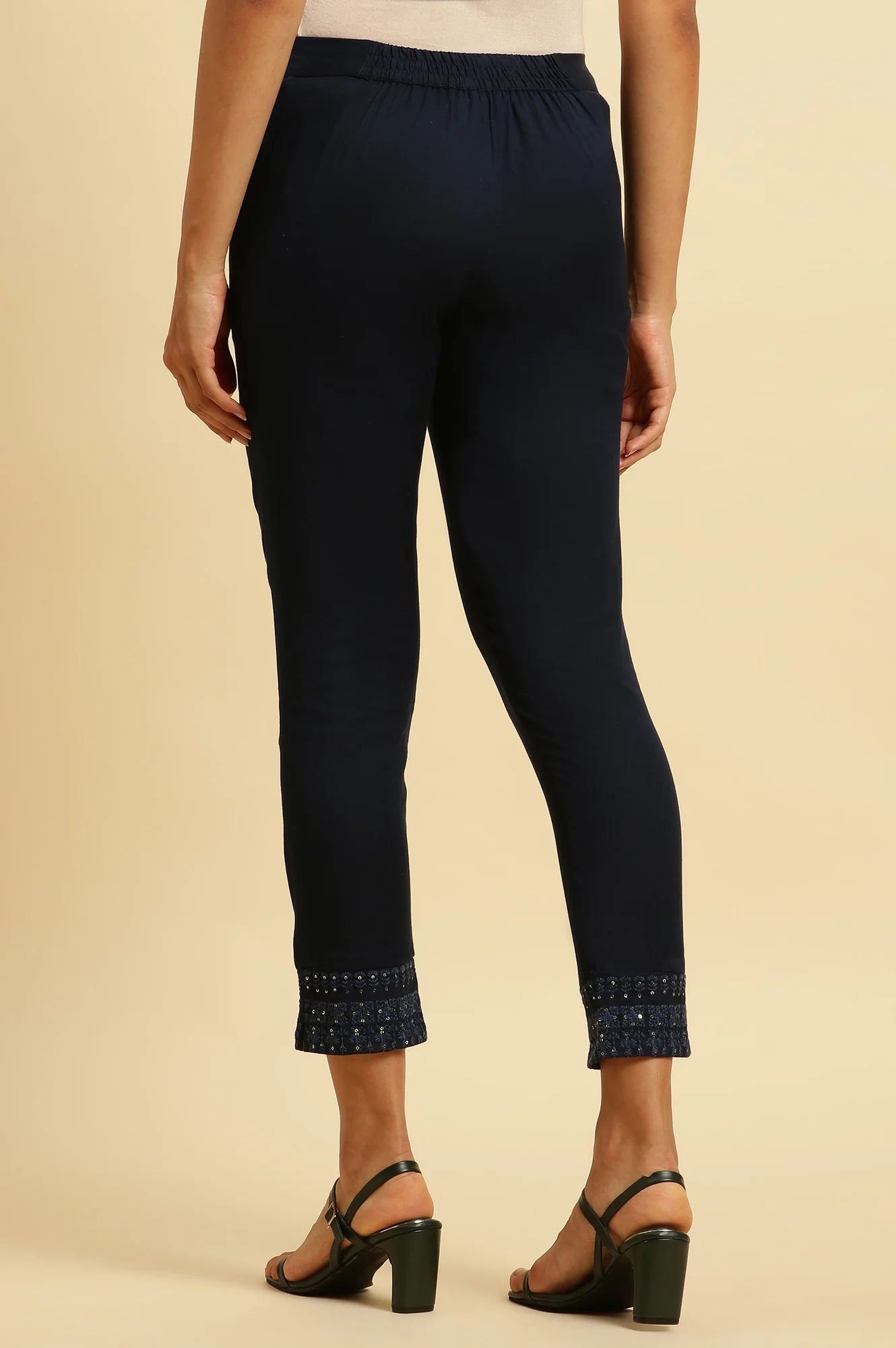 Navy Blue Solid Embroidered Slim Pants - Image 3