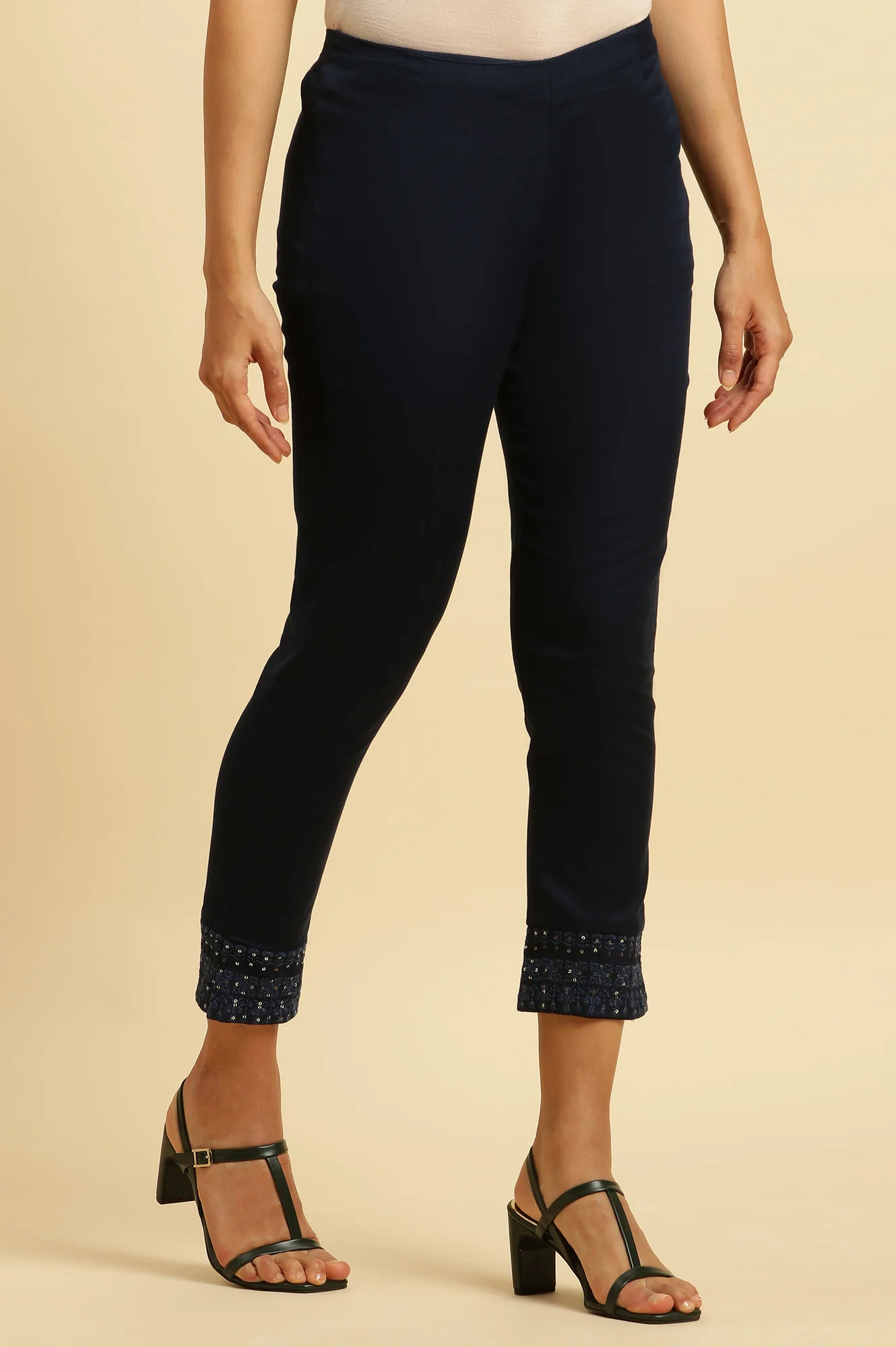 Navy Blue Solid Embroidered Slim Pants - Image 4