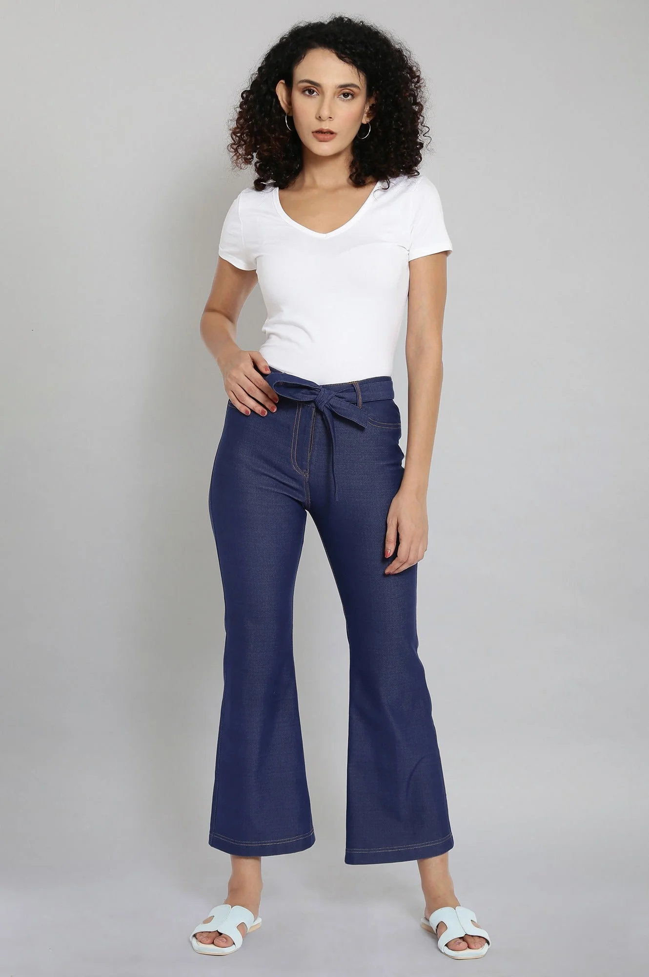 Navy Blue Solid Boot Cut Denim Pants With Waist Belt - Image 5