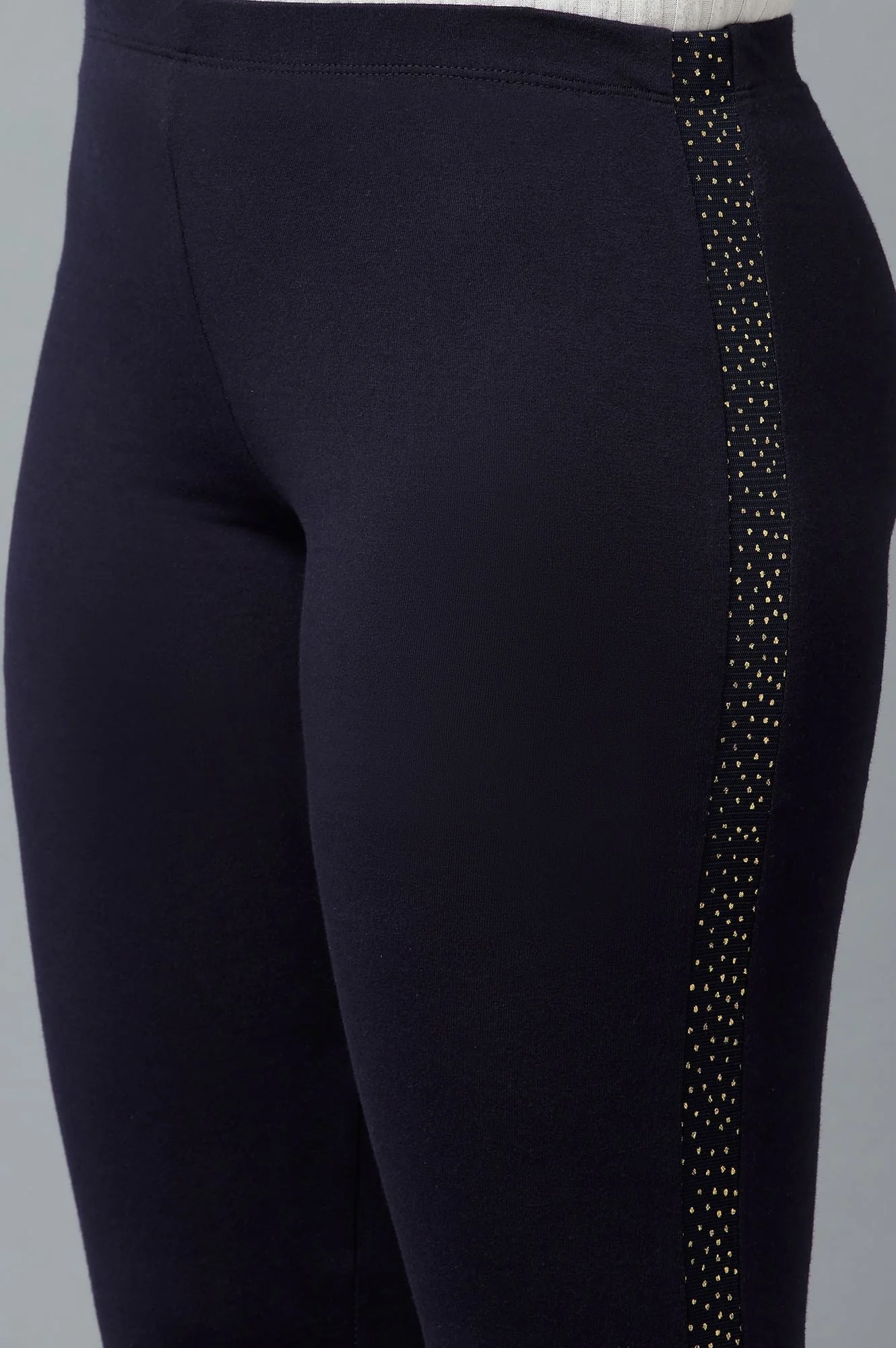 Navy Blue Solid Skinny Fit Cotton Tights With Elasticated Waist - Image 6