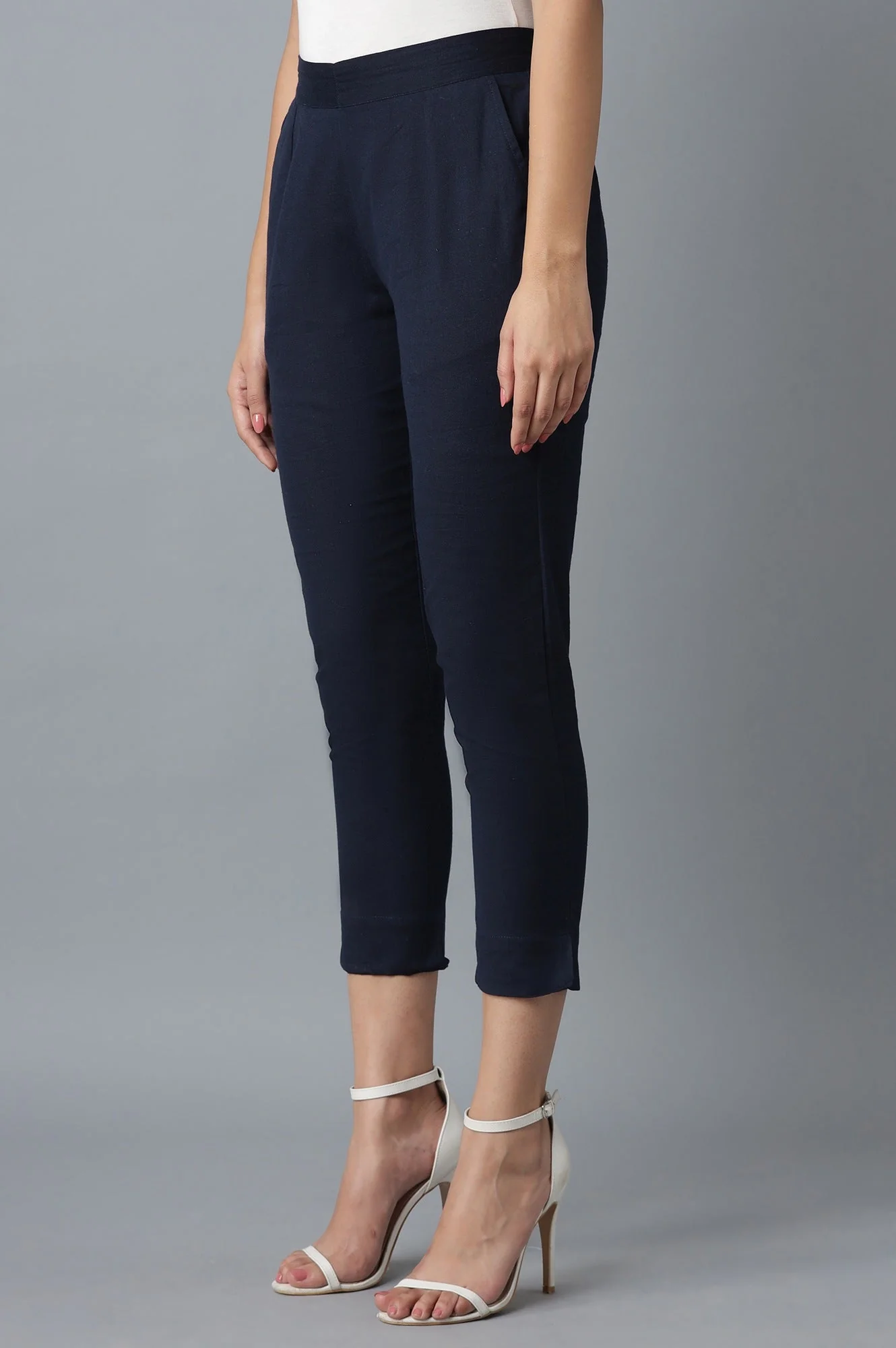 Navy Blue Solid Straight Fit Cotton Trousers With Elasticated Waistband - Image 3