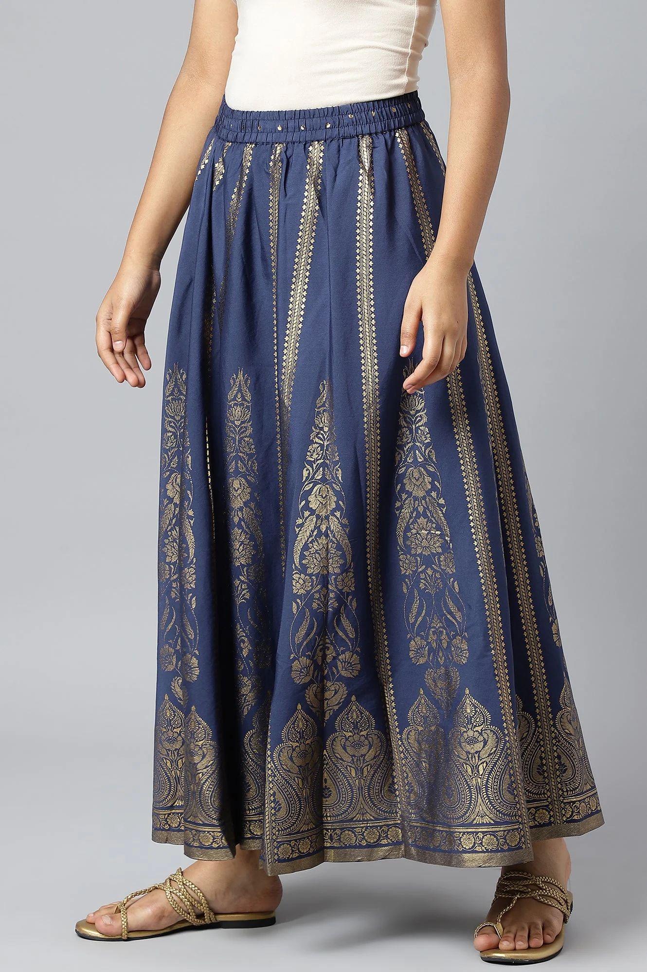 Navy Blue Floral Printed Flared Woven Skirt With Elasticated Waist - Image 2