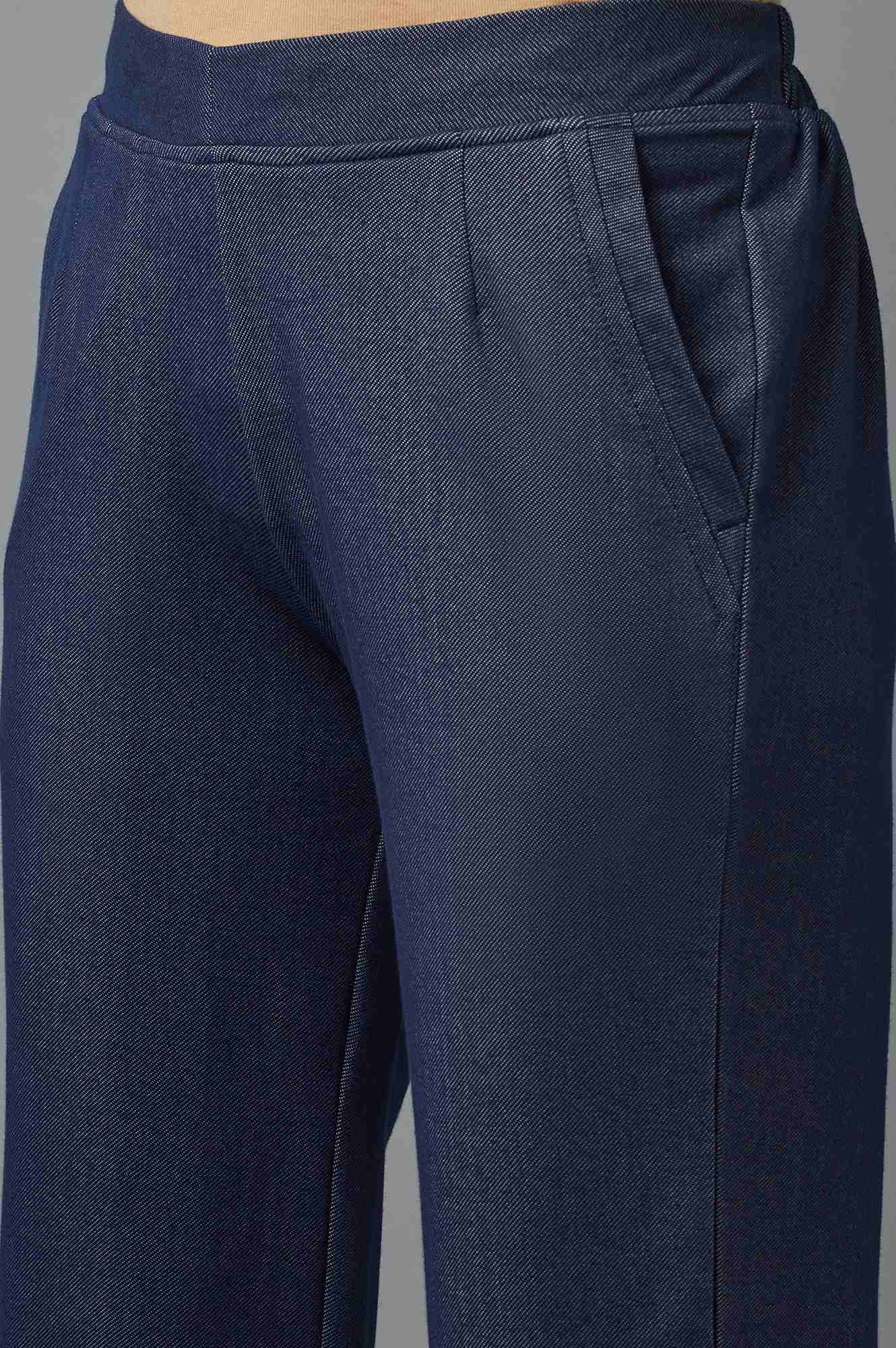 Navy Blue Solid Tapered Cotton Pants With Pleated Detail - Image 6