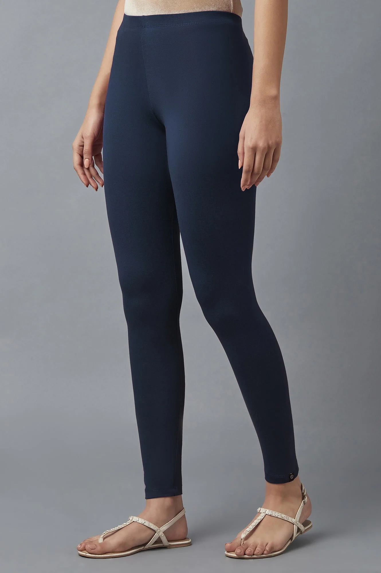 Navy Blue Solid Skinny Fit Cotton Tights With Elasticated Waist - Image 3
