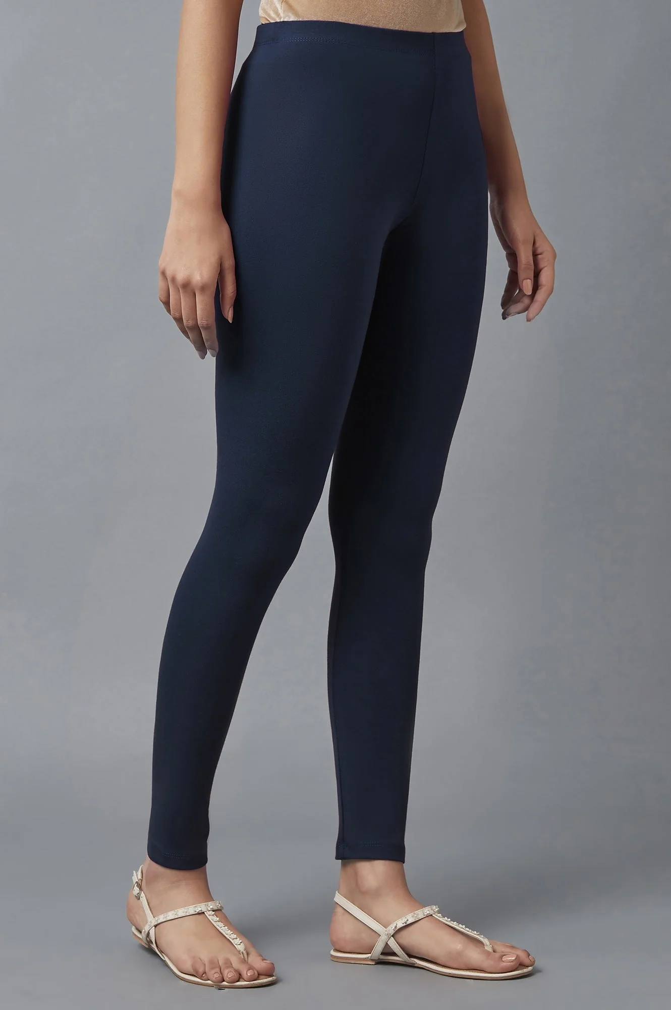 Navy Blue Solid Skinny Fit Cotton Tights With Elasticated Waist - Image 4