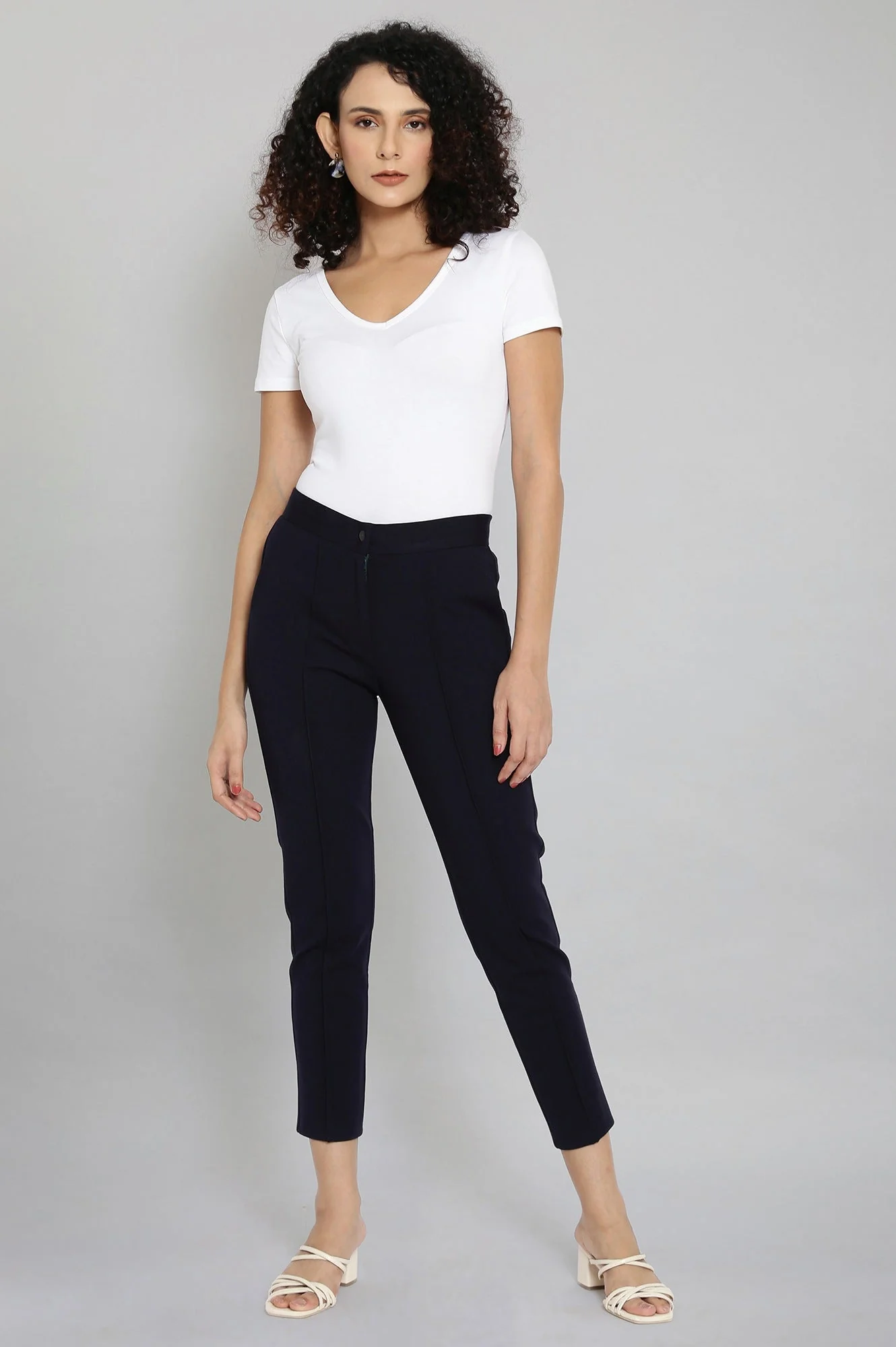 Navy Blue Solid Straight Fit Trousers With Pintuck Detail - Image 5