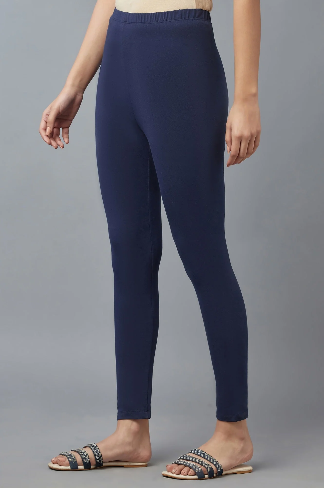 Navy Blue Solid Skinny Fit Cotton Tights - Image 3