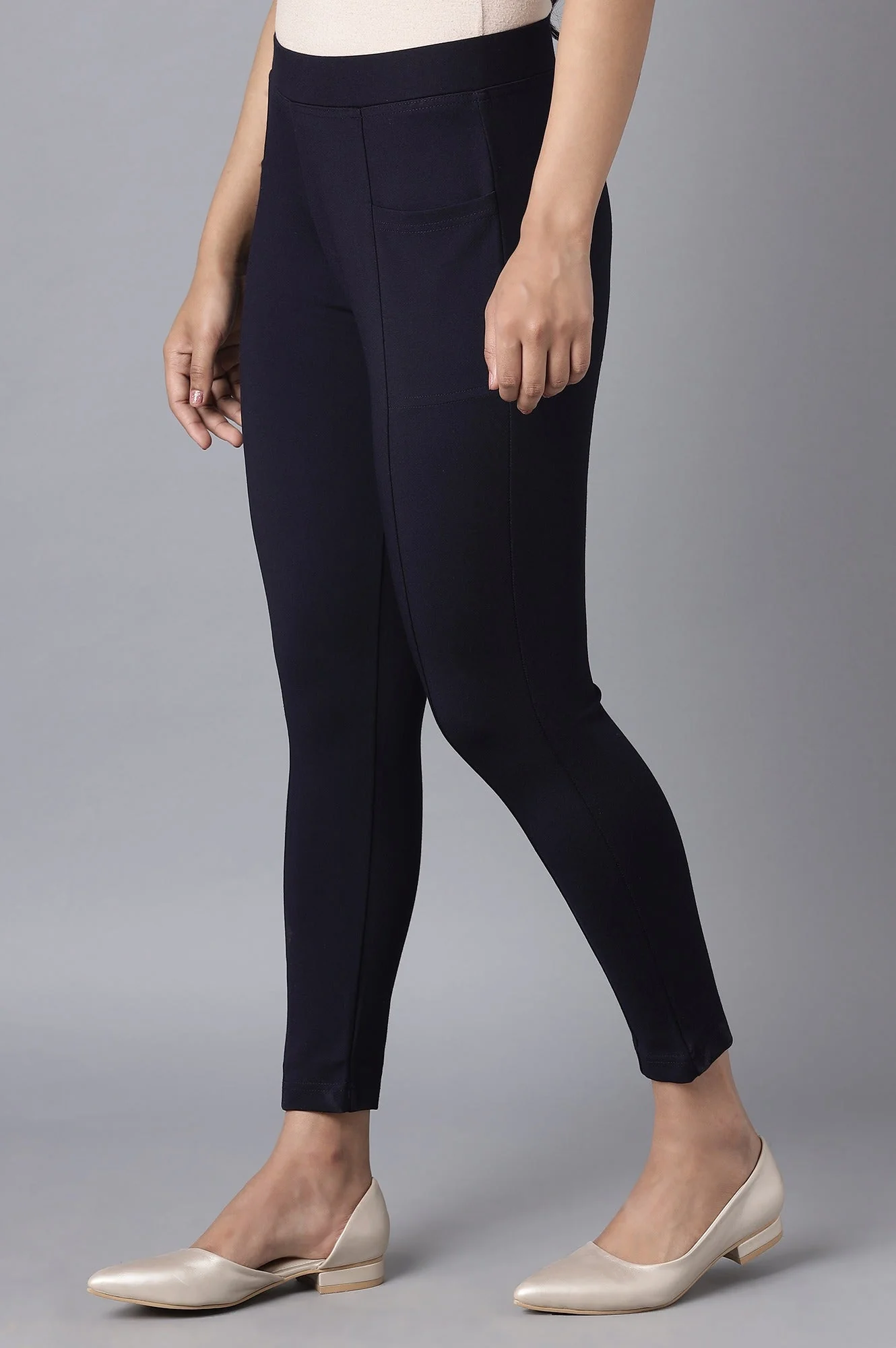 Navy Blue Solid Straight Fit Tights With Elasticated Waist - Image 3