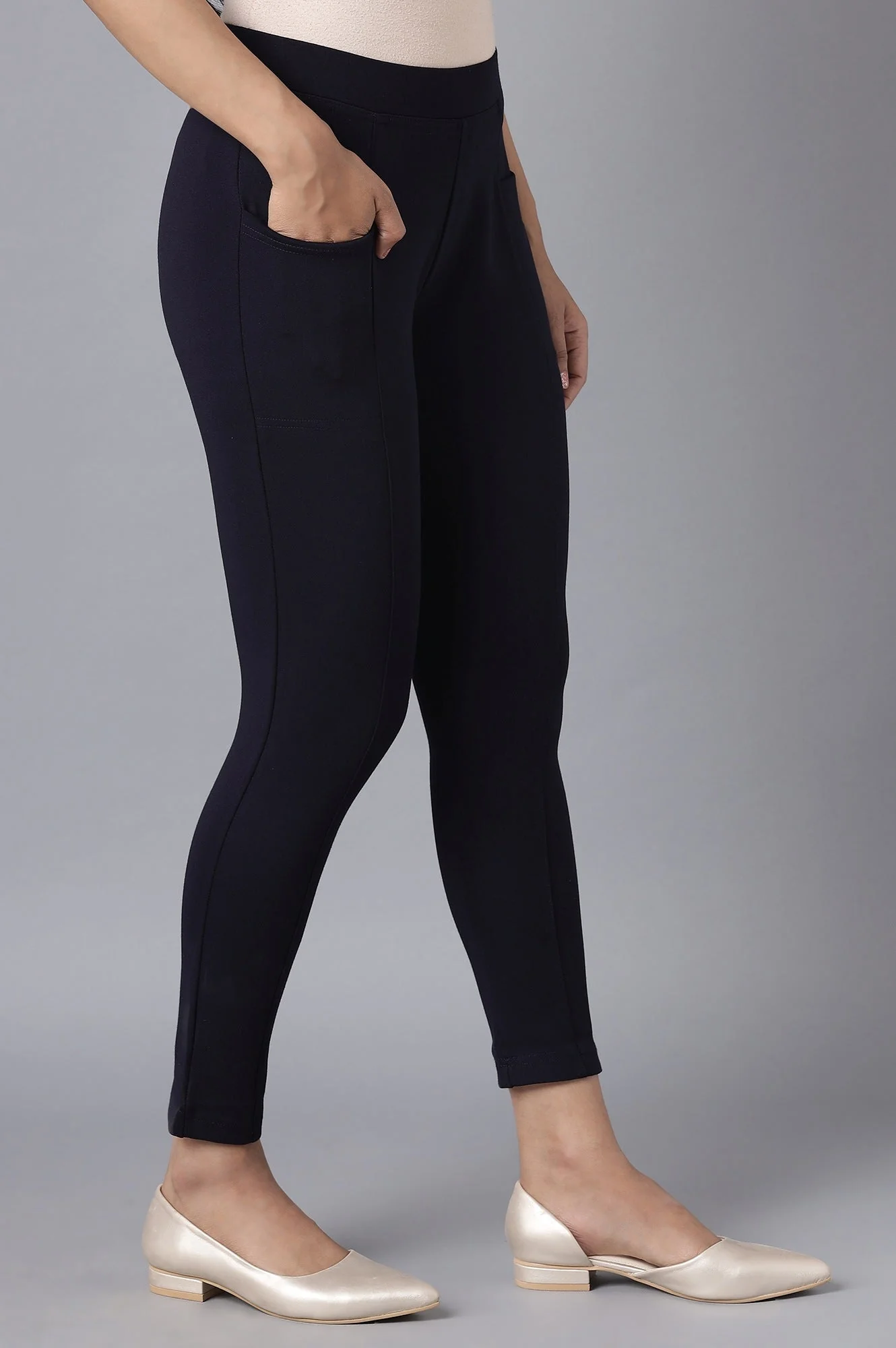Navy Blue Solid Straight Fit Tights With Elasticated Waist - Image 4
