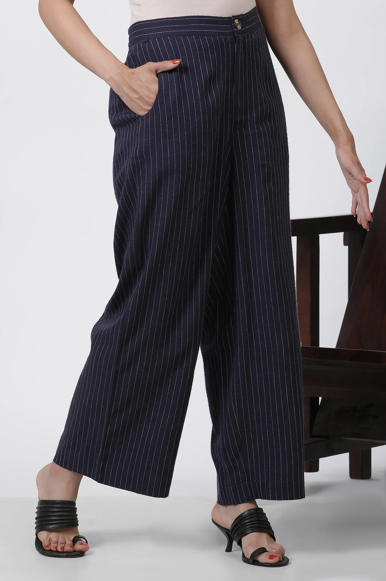 Navy Striped Office Look Straight Trouser - Image 4