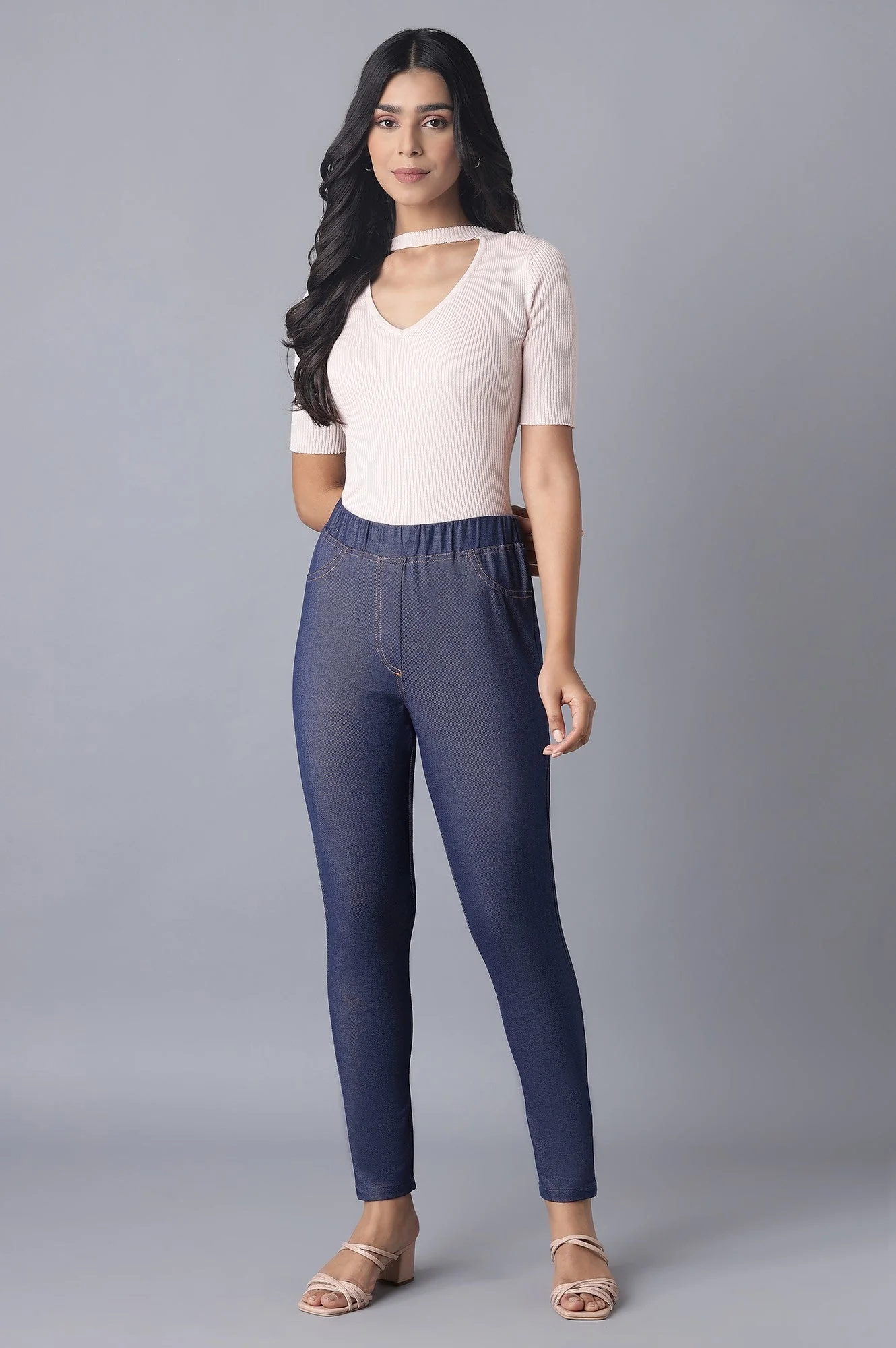 Navy Blue Solid Skinny Fit Cotton Jeggings With Elasticated Waist - Image 5