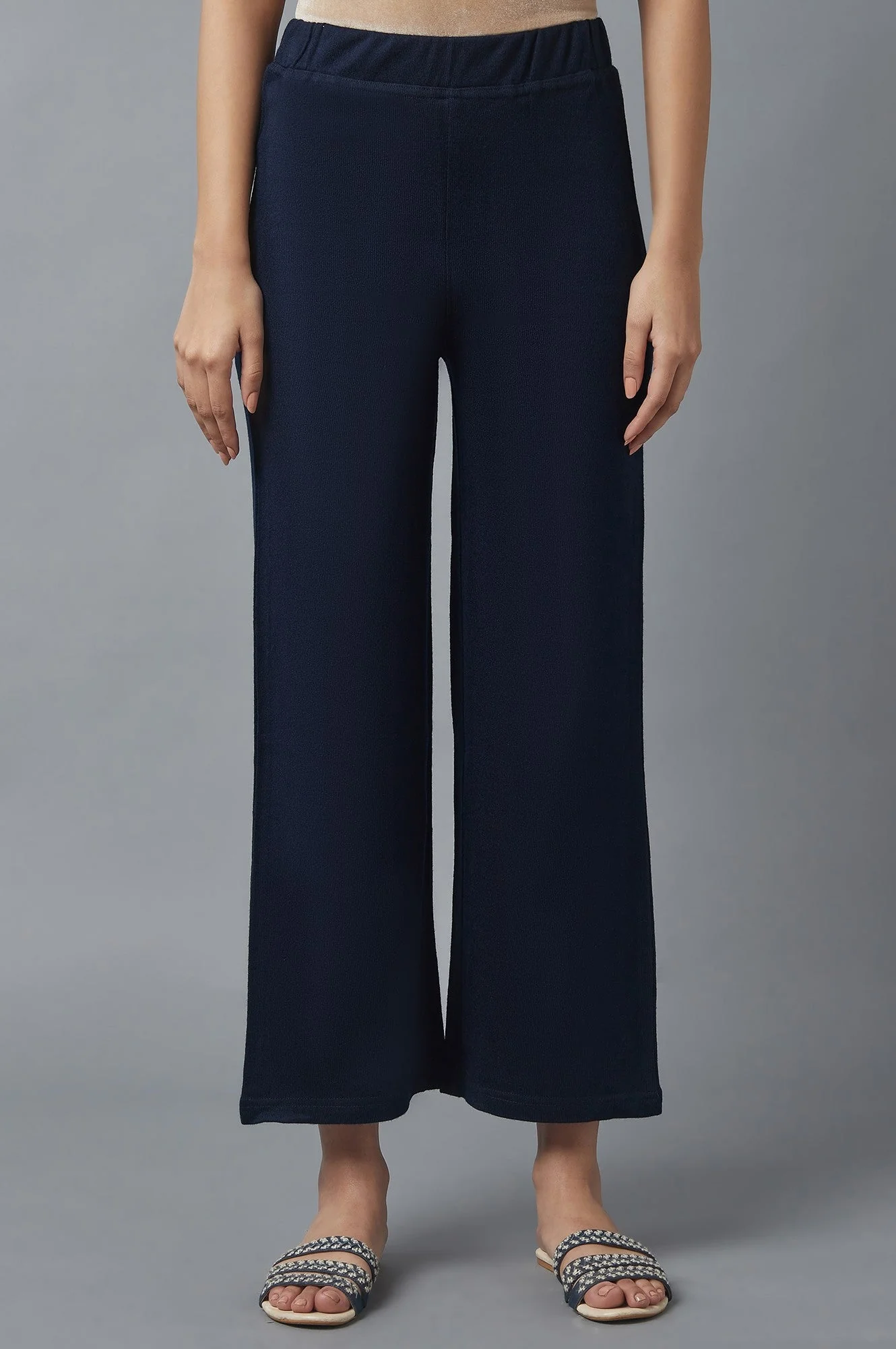 Navy Blue Solid Straight Fit Acrylic Palazzo With Elasticated Waist