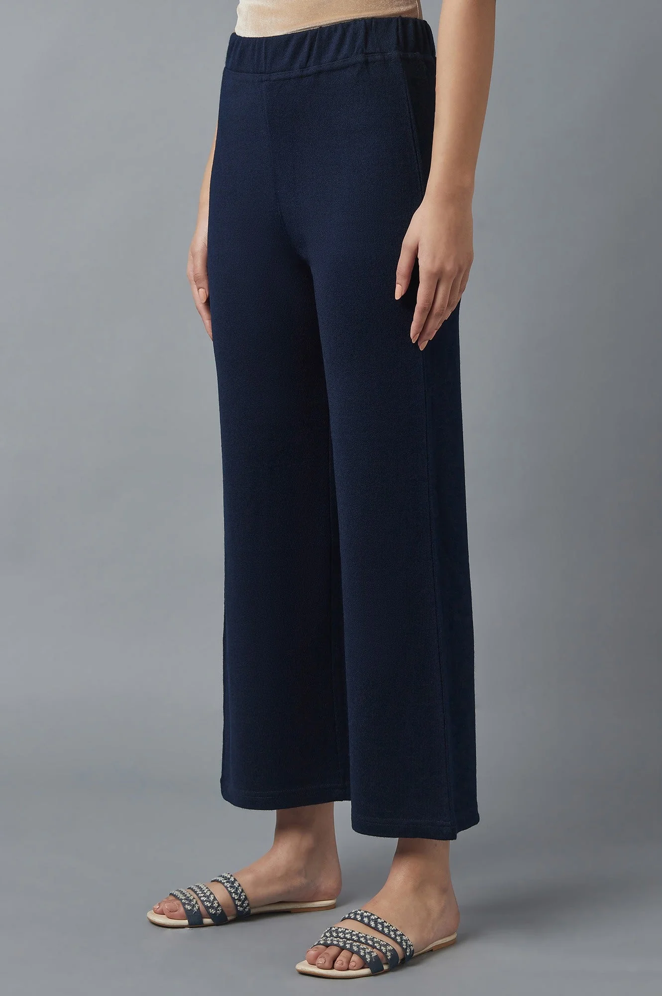 Navy Blue Solid Straight Fit Acrylic Palazzo With Elasticated Waist - Image 3