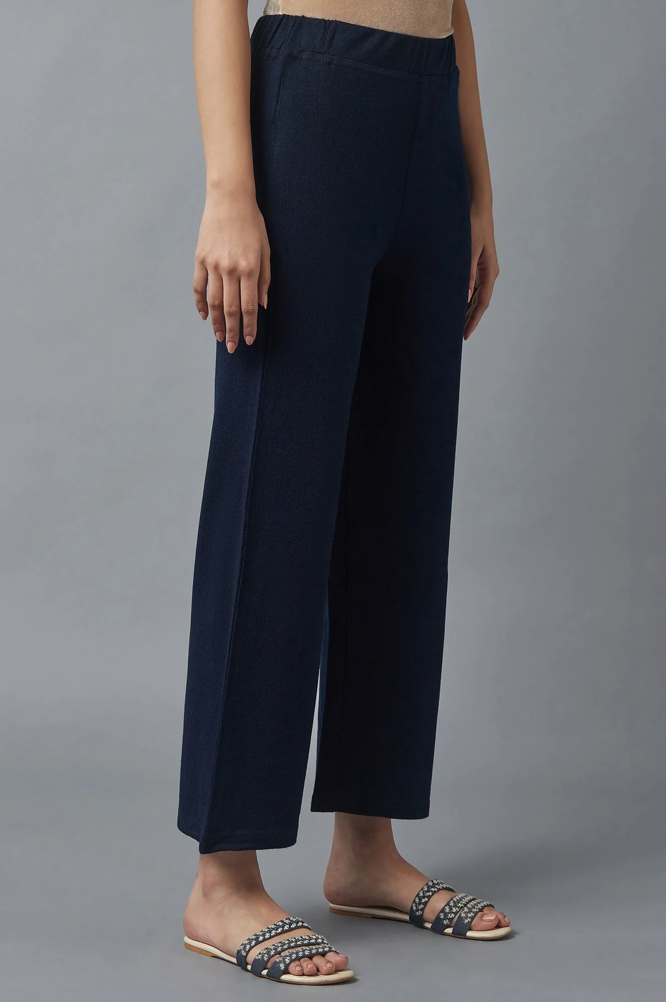 Navy Blue Solid Straight Fit Acrylic Palazzo With Elasticated Waist - Image 4