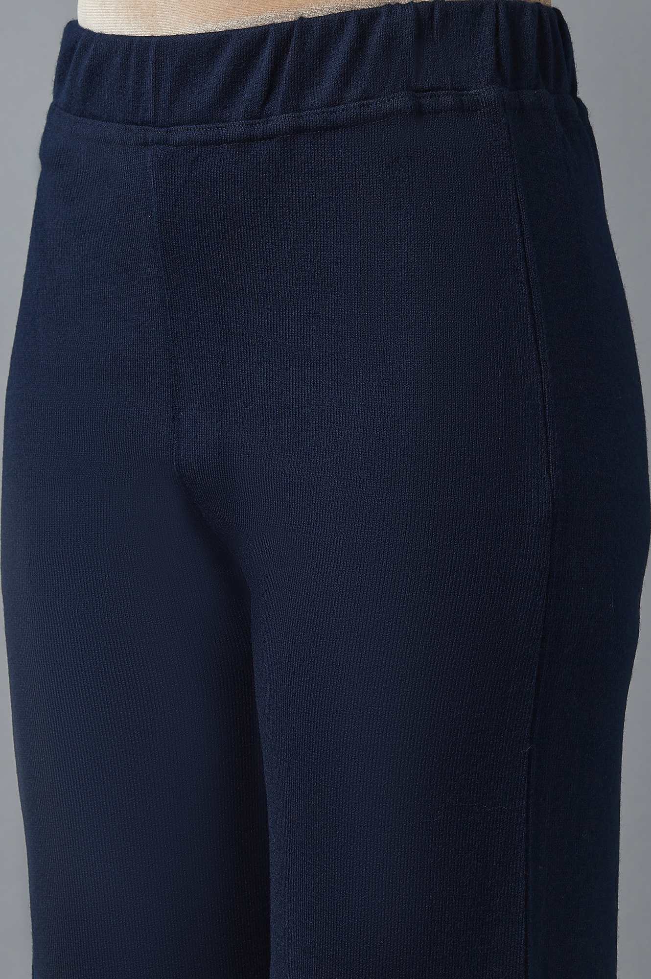 Navy Blue Solid Straight Fit Acrylic Palazzo With Elasticated Waist - Image 6