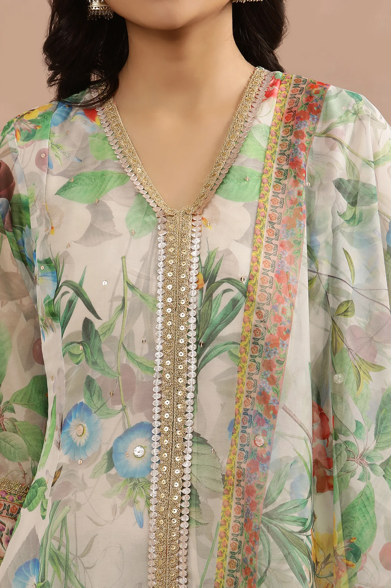 Off-White Flared Kurta In Multi-Coloured Floral Print, Pants And Dupatta Set - Image 7