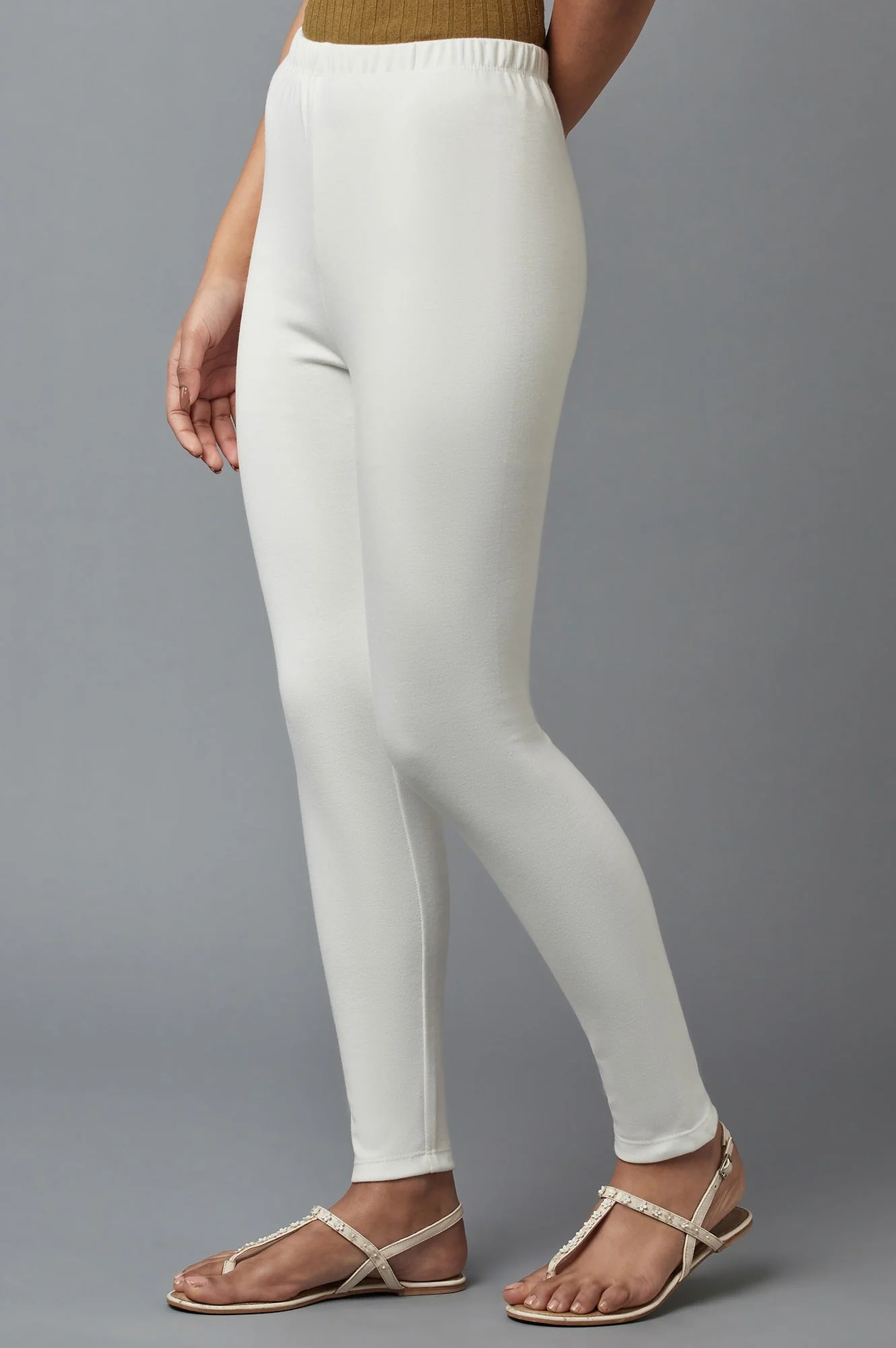 Off White Solid Skinny-fit Cotton Tights with Elasticated Waist - Image 3