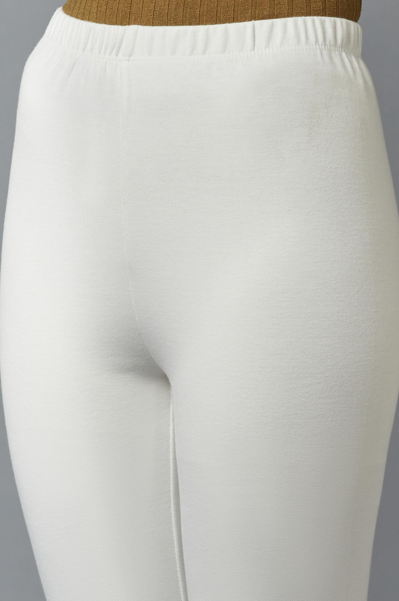 Off White Solid Skinny-fit Cotton Tights with Elasticated Waist - Image 6