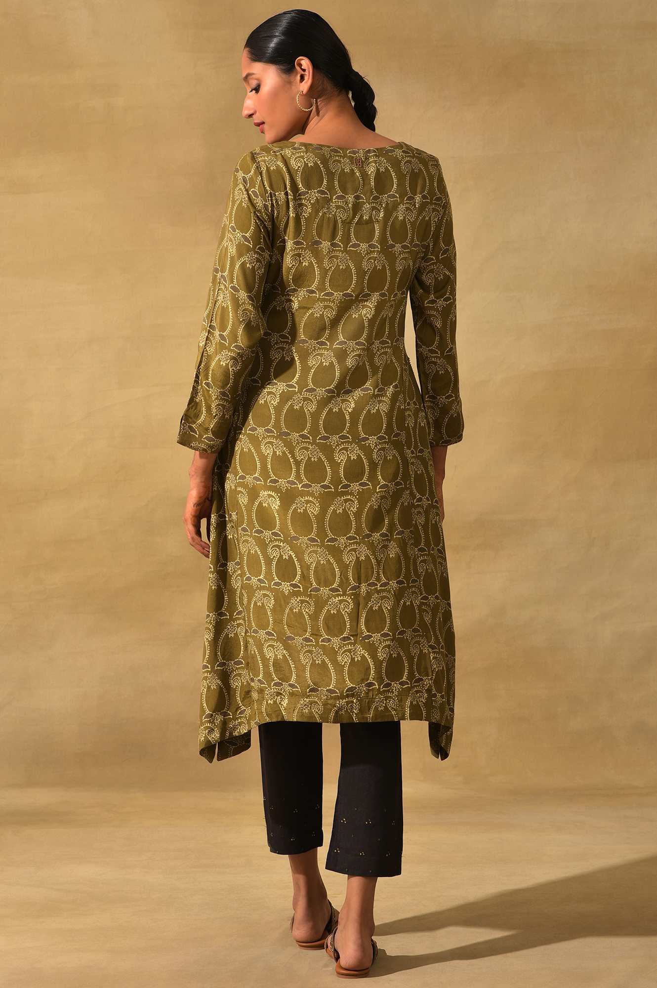 Olive Ajrakh Print A-Line kurta - Image 2