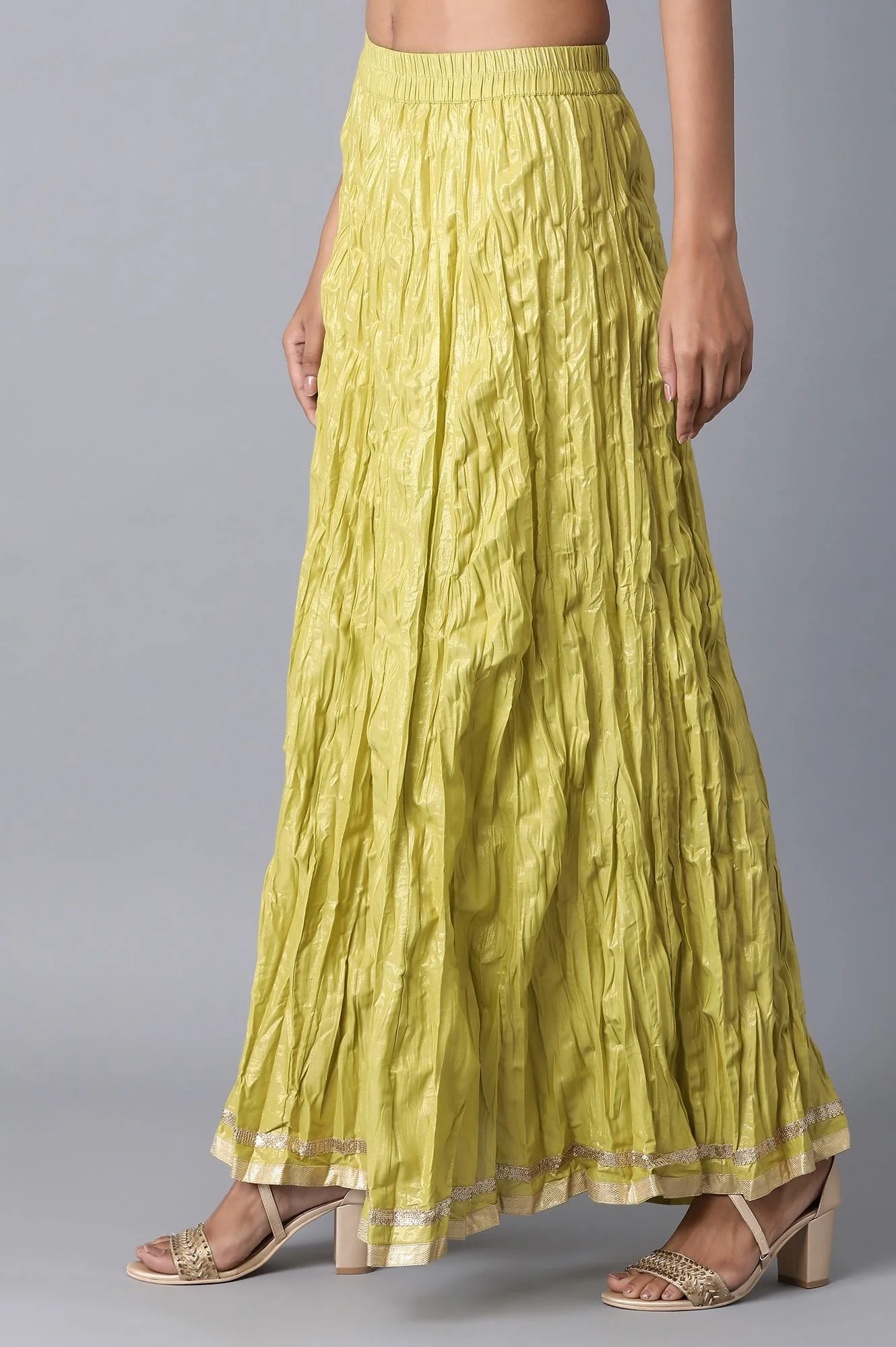 Mehendi Green Floral Printed Flared Cotton Skirt with Elasticated Waist - Image 3