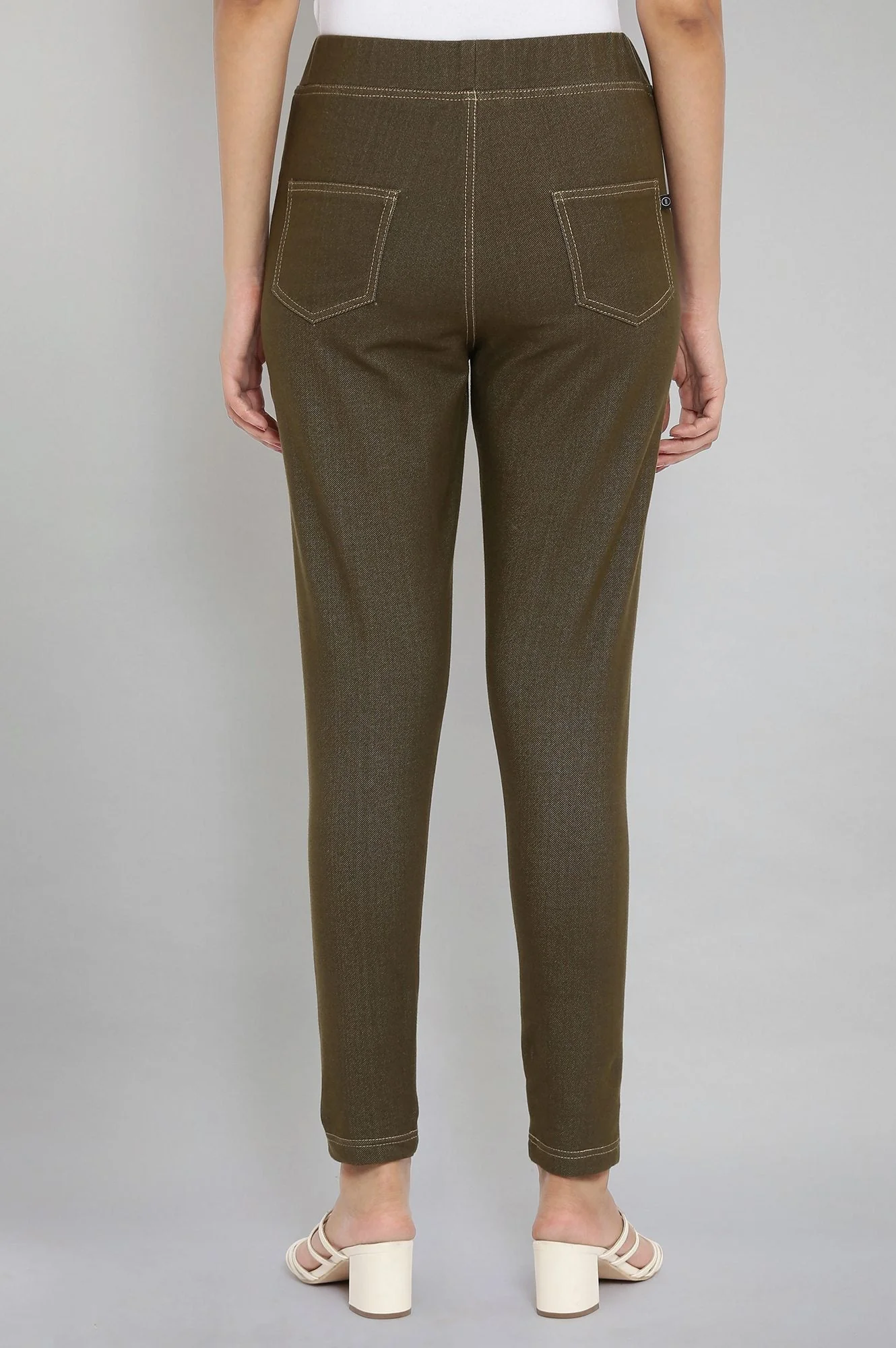Olive Green Solid Straight-fit Cotton Jeggings with Elasticated Waistband - Image 2
