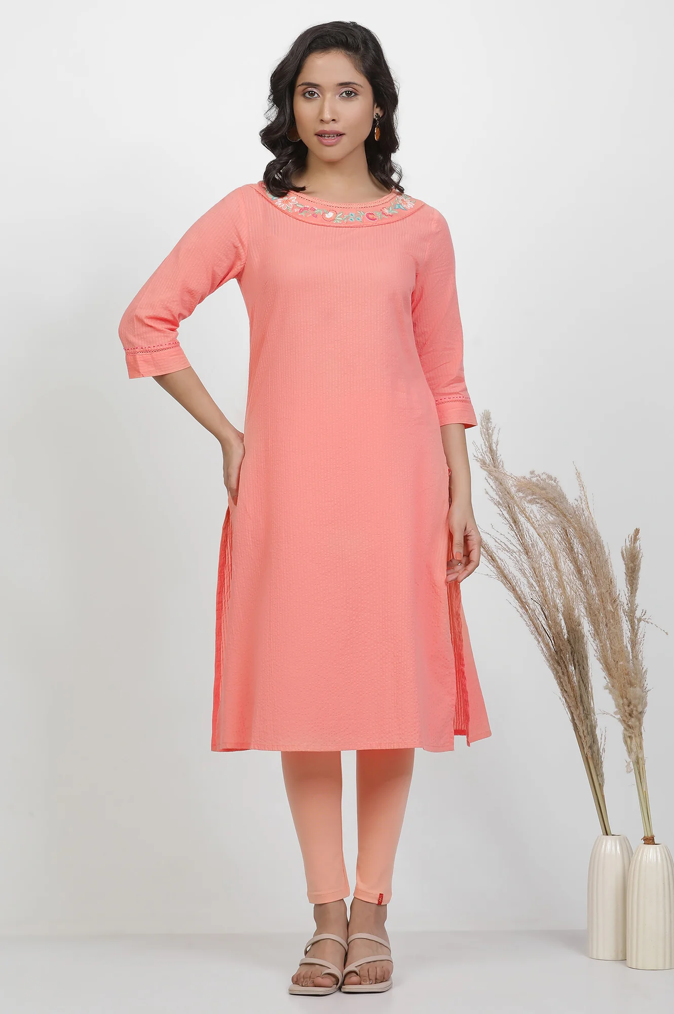 Orange Cotton Embroidered Kurta And Tights Set - Image 2