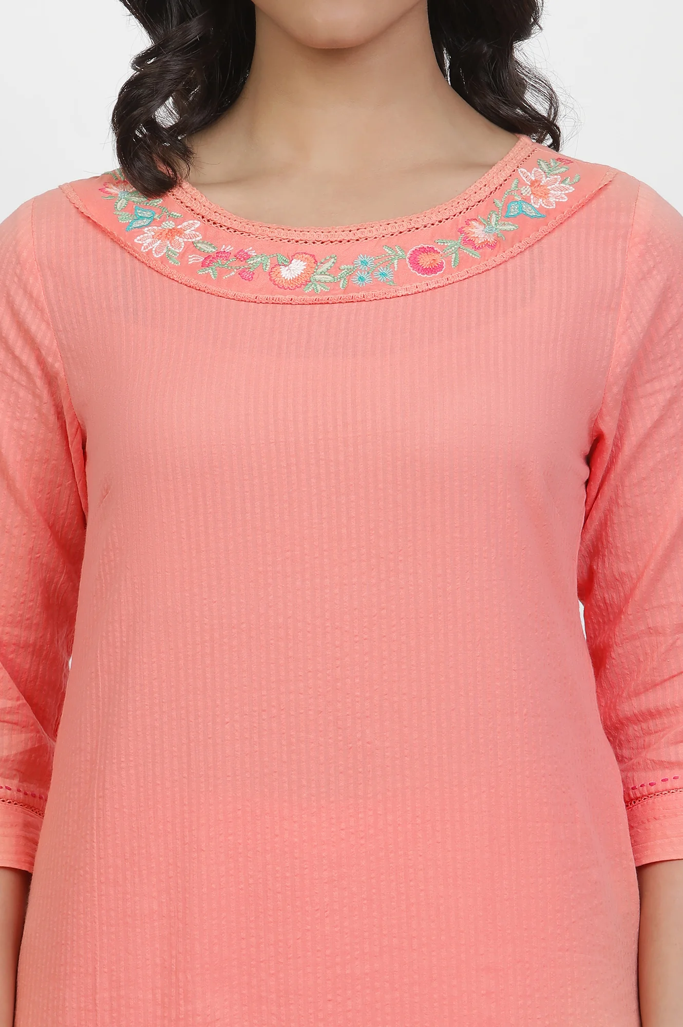 Orange Cotton Embroidered Kurta And Tights Set - Image 6