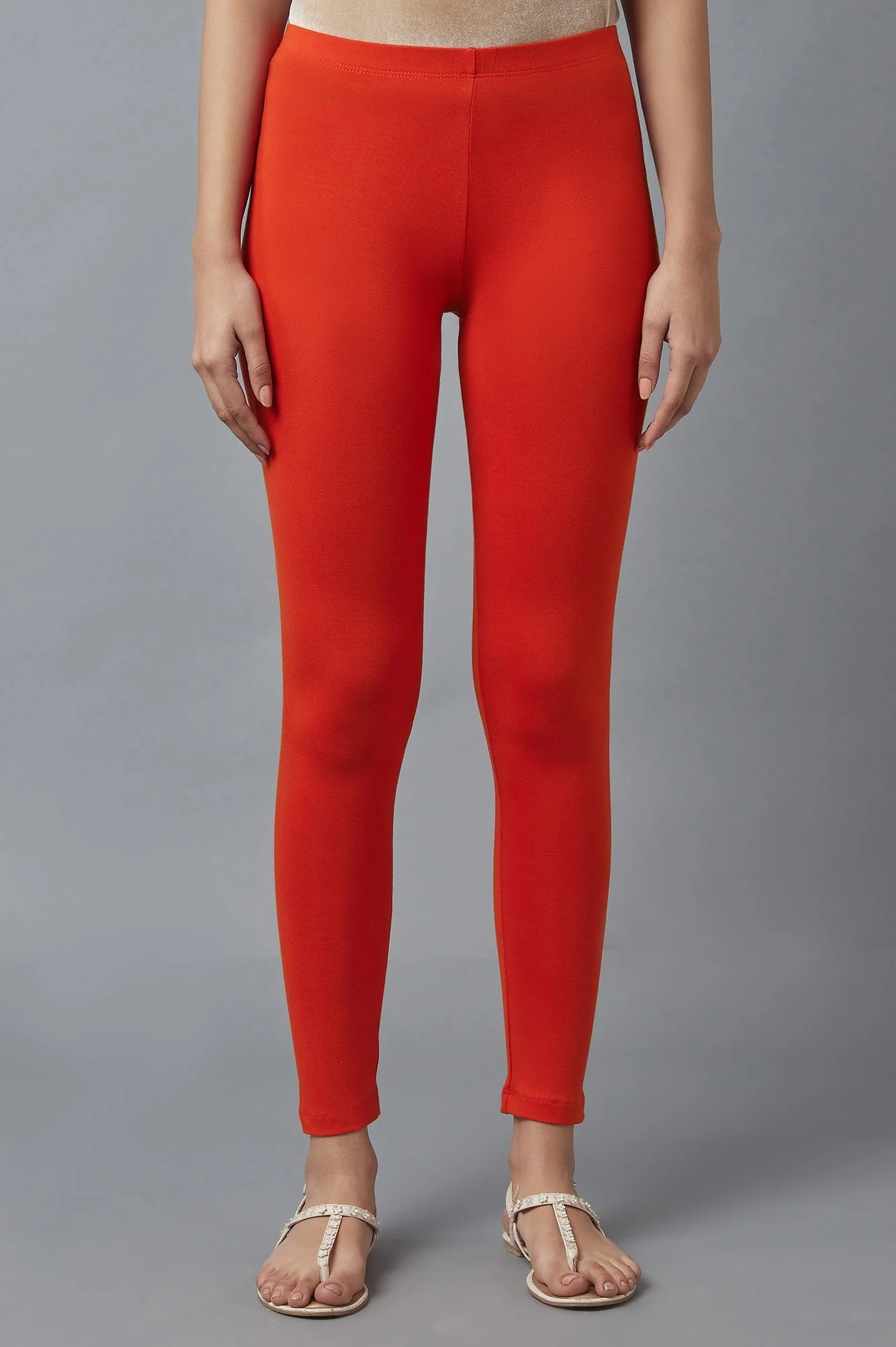 Orange Solid Skinny Fit Cotton Tights With Elasticated Waist