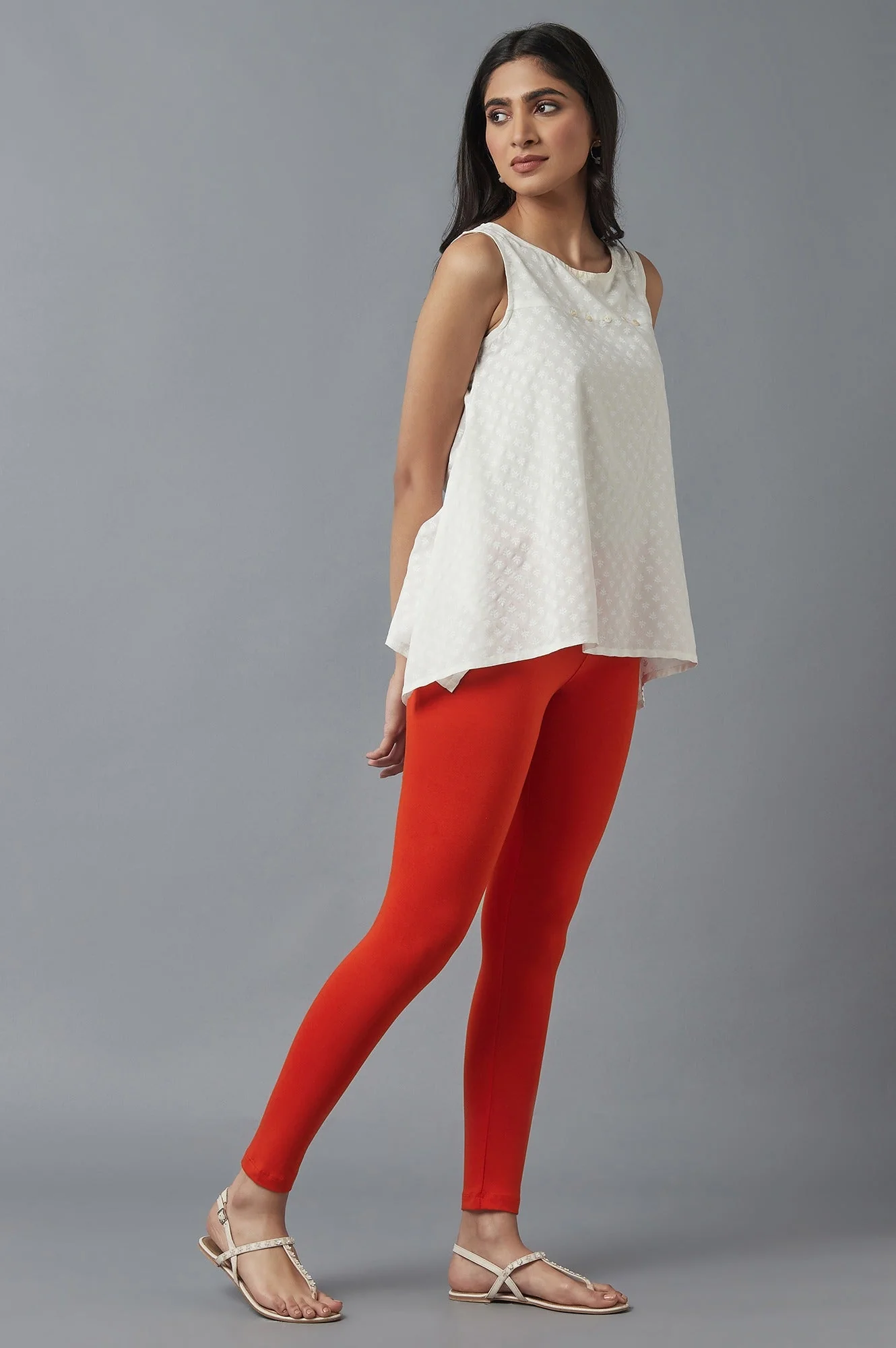 Orange Solid Skinny Fit Cotton Tights With Elasticated Waist - Image 5