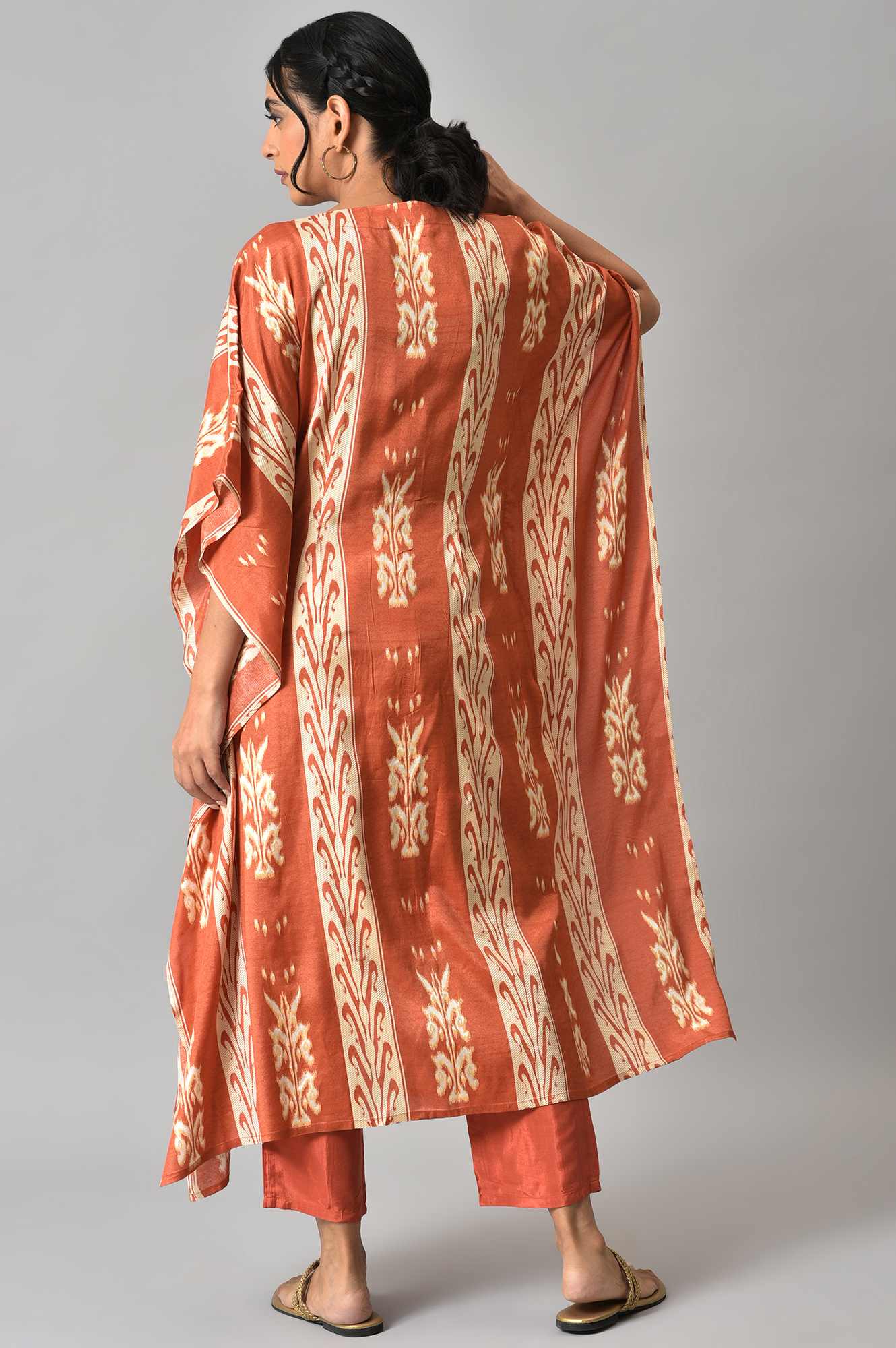 Orange Ikkat Printed Button Down kurta with Parallel Pants Co-ord Set - Image 2