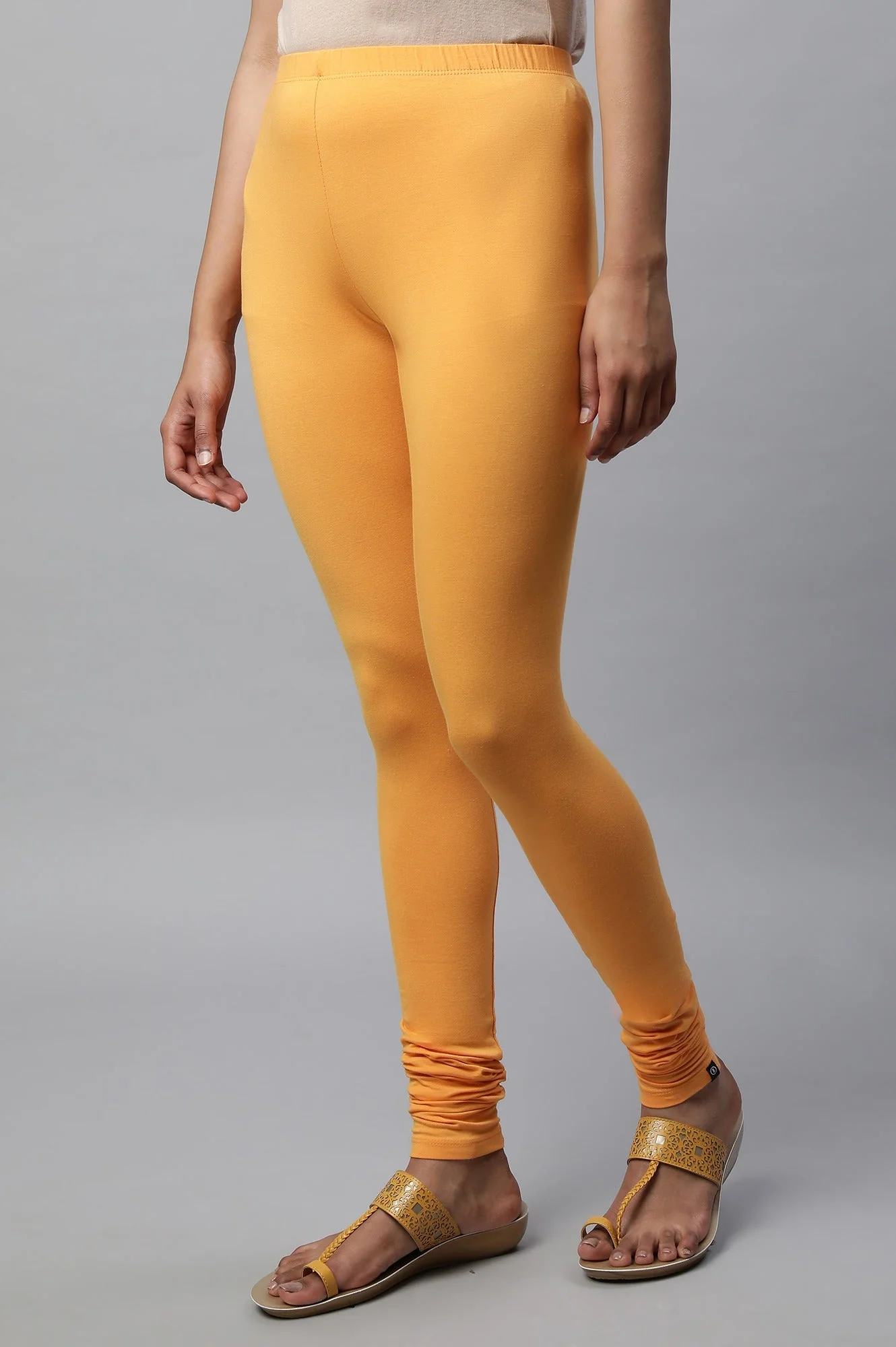 Orange Solid Skinny Fit Cotton Churidar With Elasticated Waist - Image 3