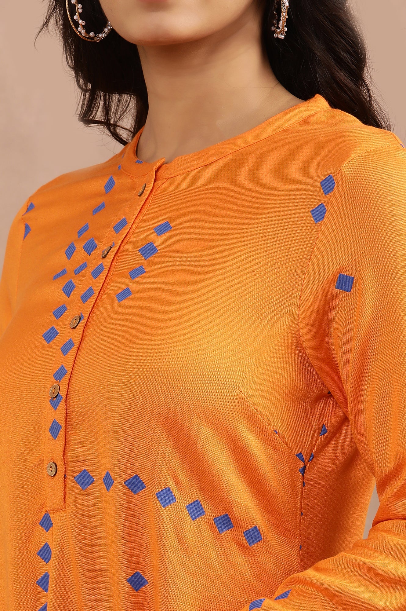 Orange Printed Asymmetrical Kurta And Tights Set - Image 7