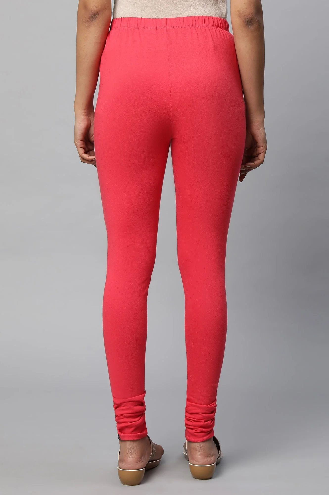 Red Solid Skinny Fit Cotton Churidar With Elasticated Waistband - Image 2