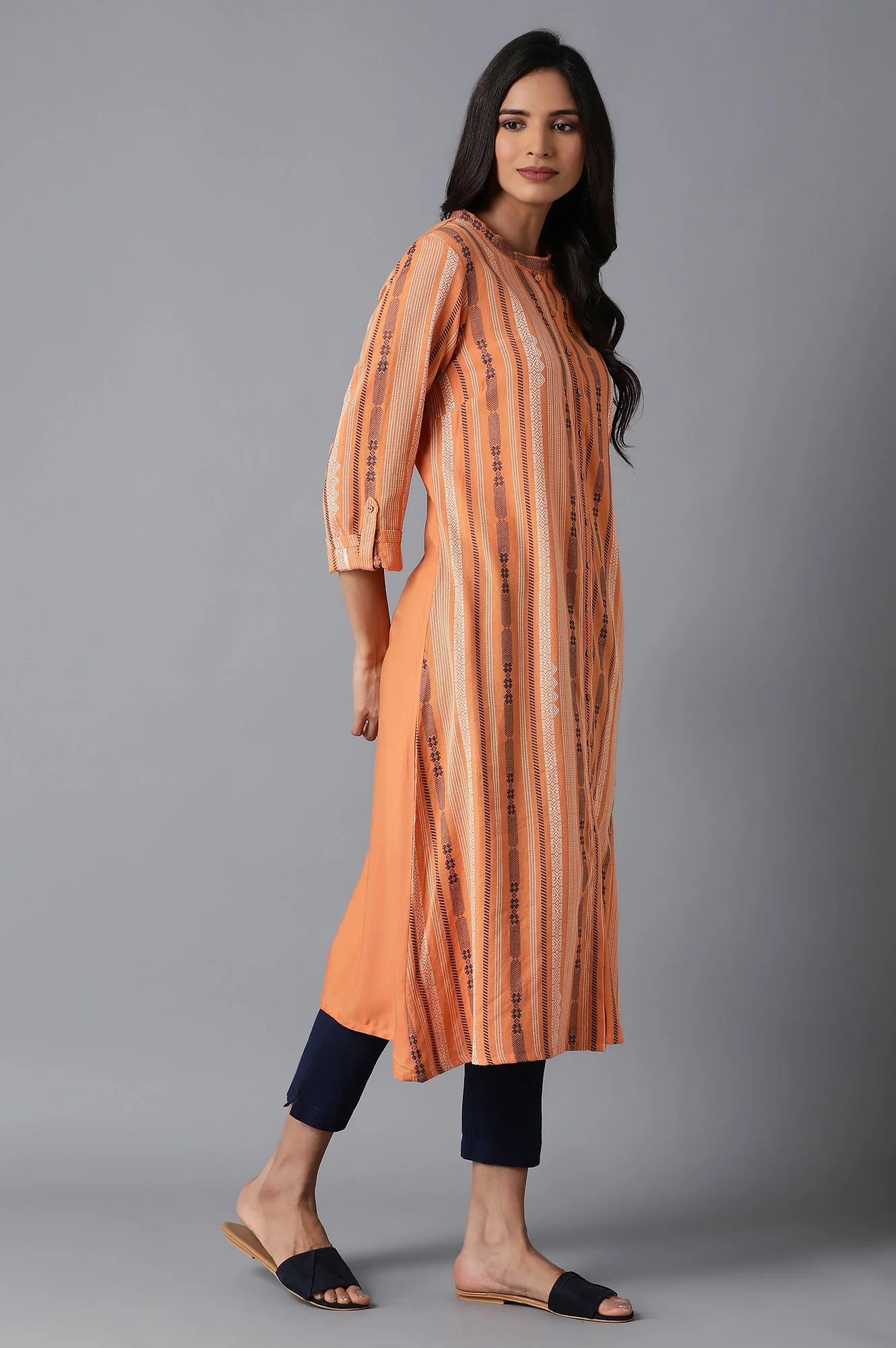 Orange Stripe Print Dobby kurta - Image 4