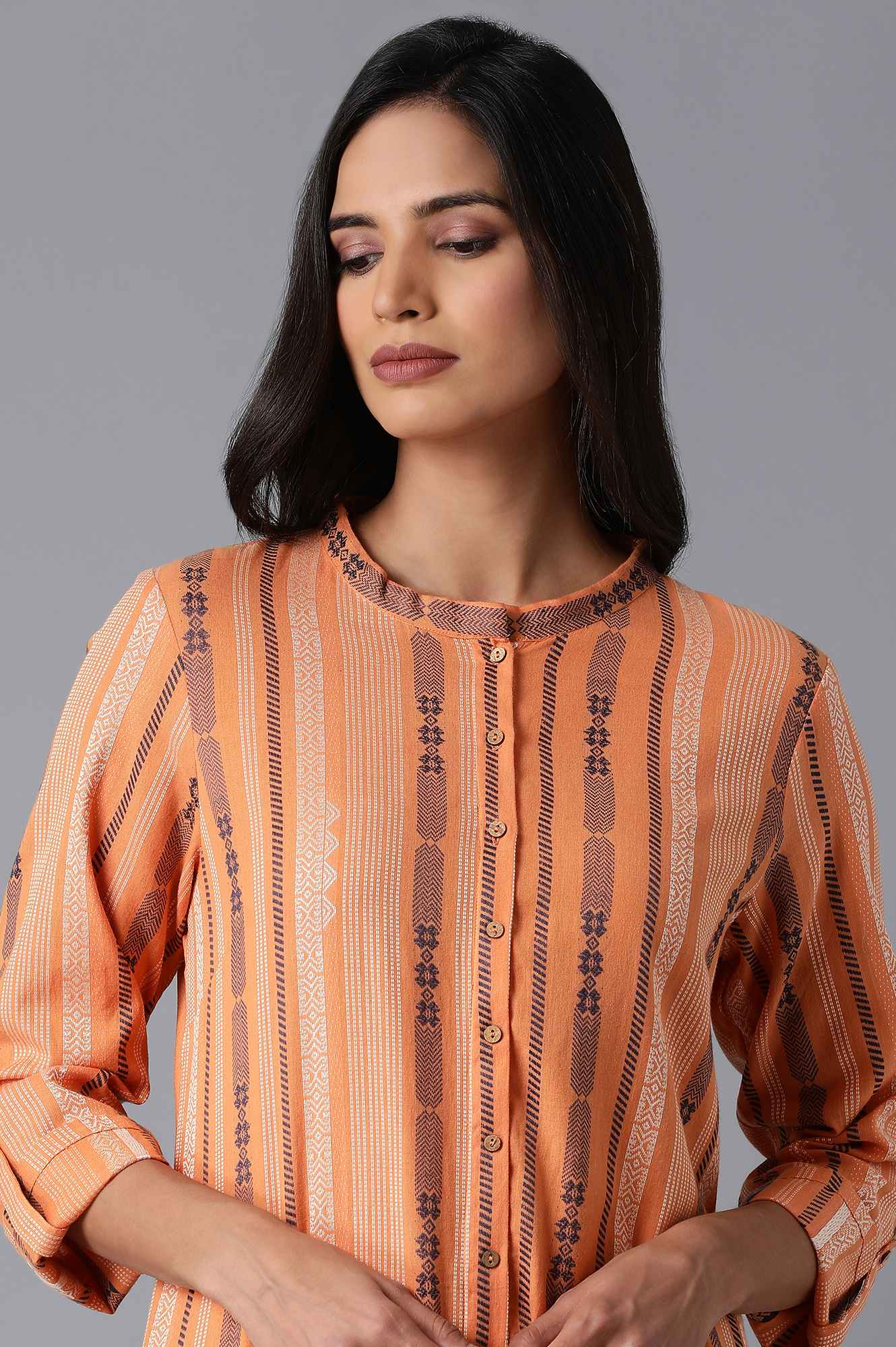 Orange Stripe Print Dobby kurta - Image 5