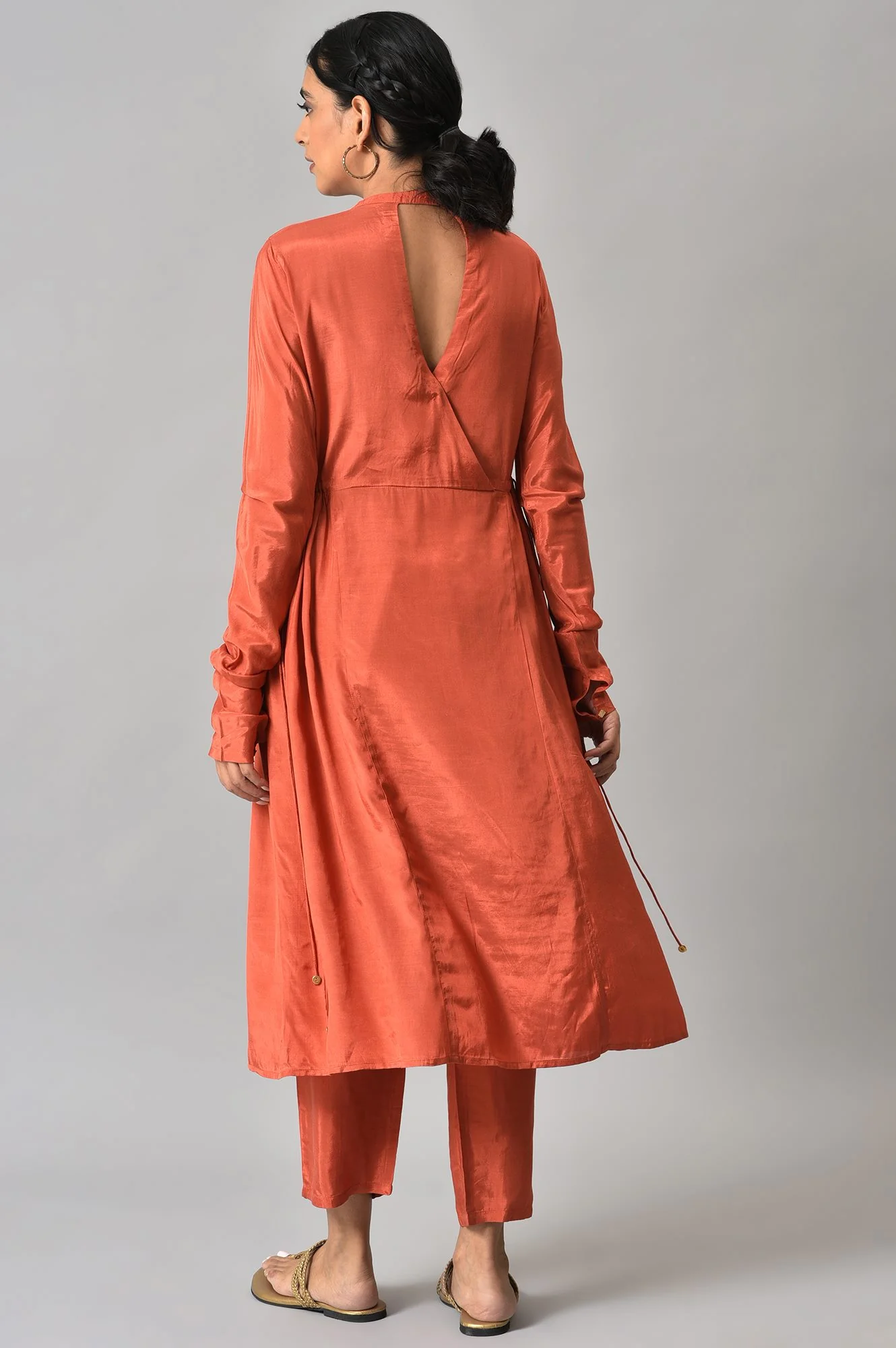 Orange Zari TopStitched Placket kurta with Straight Pants Co-ord Set - Image 2