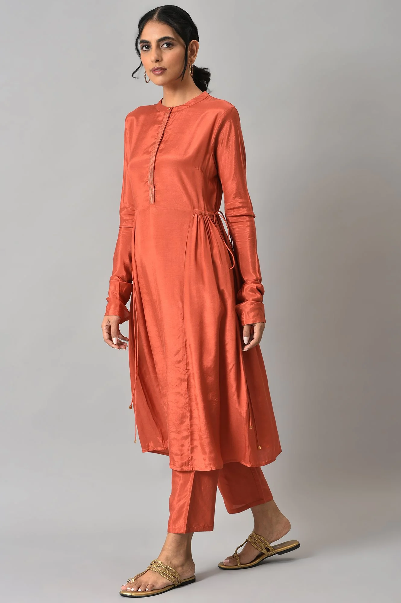 Orange Zari TopStitched Placket kurta with Straight Pants Co-ord Set - Image 3