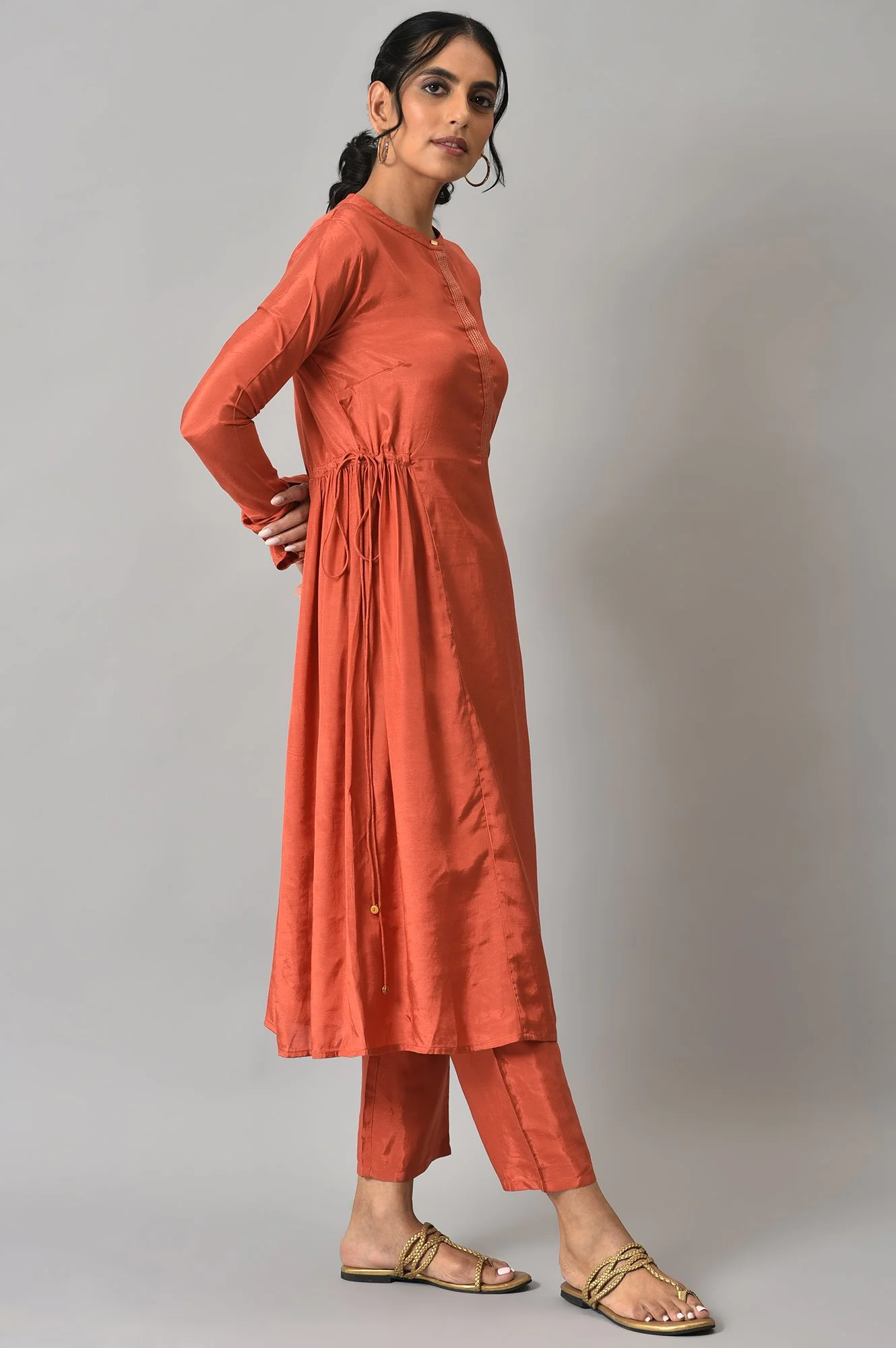 Orange Zari TopStitched Placket kurta with Straight Pants Co-ord Set - Image 4