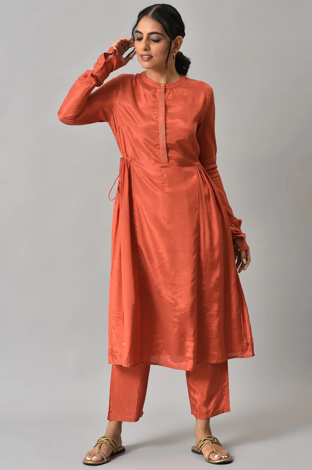 Orange Zari TopStitched Placket kurta with Straight Pants Co-ord Set - Image 8